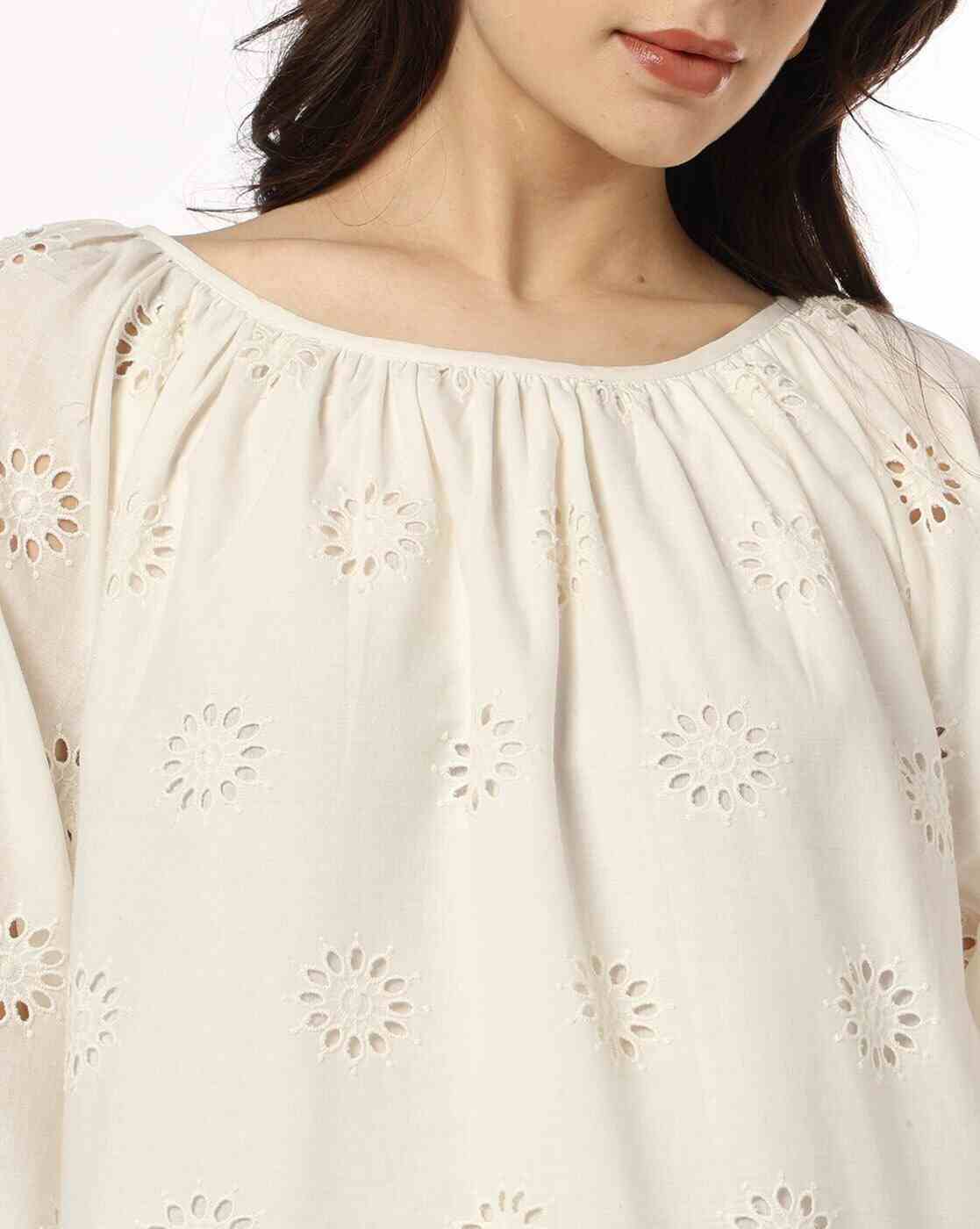 DNMX | Women Round Neck Schiffli Top with Scallop Hem|3