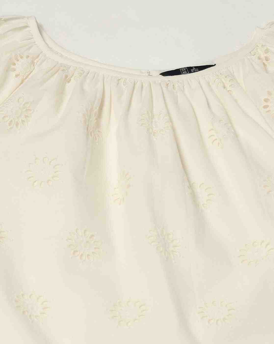 DNMX | Women Round Neck Schiffli Top with Scallop Hem|4