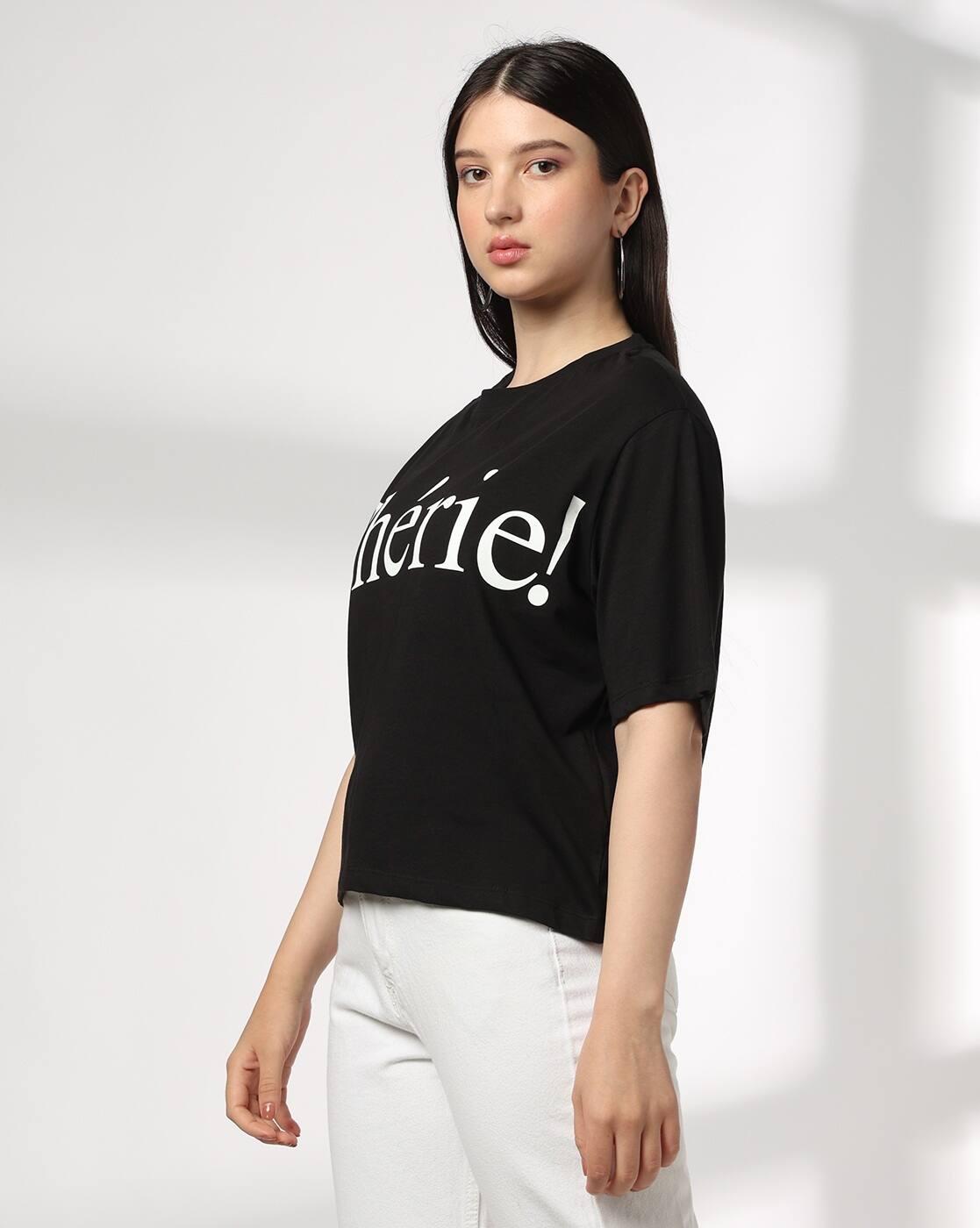 DNMX | Women Typographic Print Loose Fit Crew-Neck T-Shirt|1