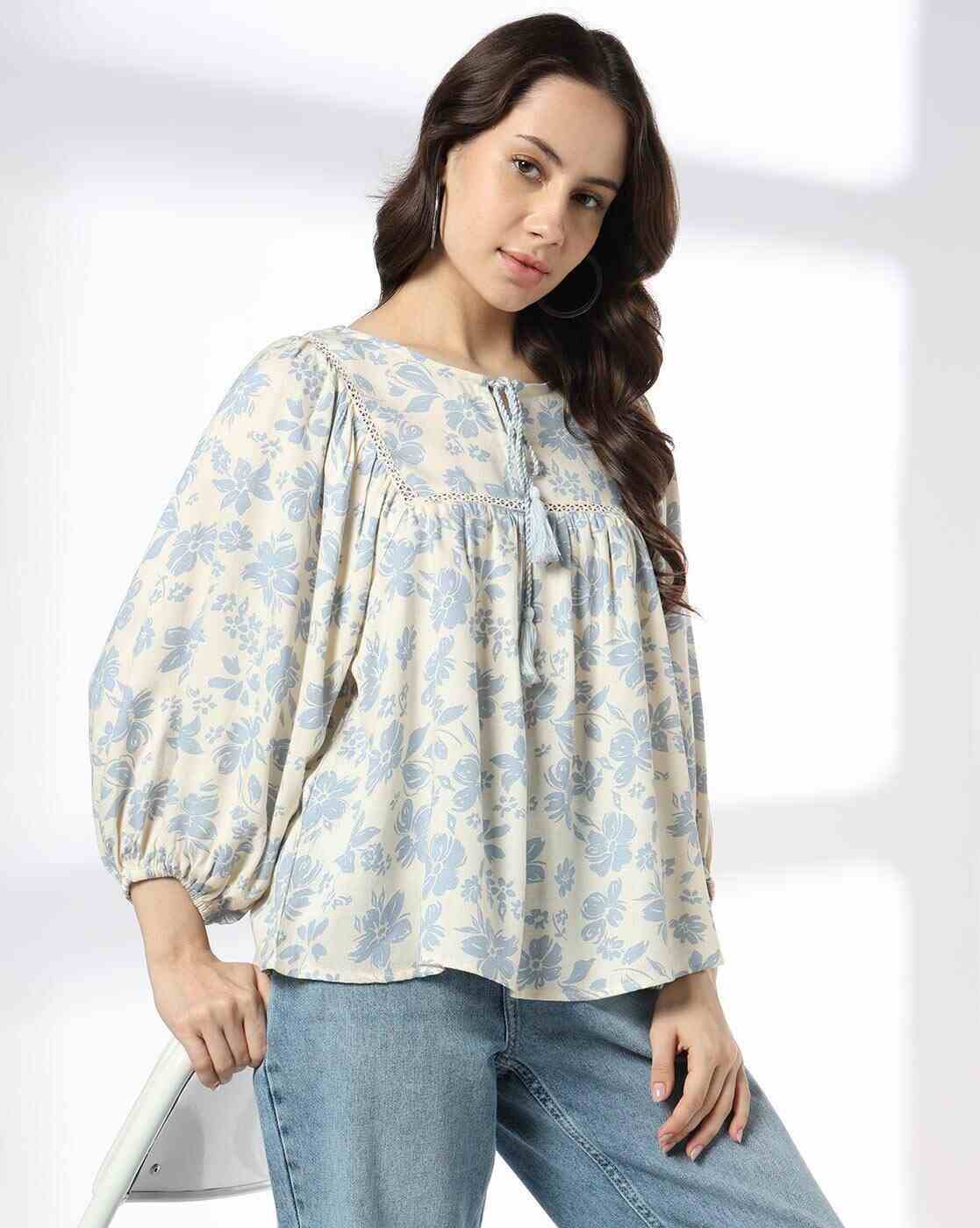 DNMX | Women Printed with Neck Tie-Up and Lace Insert|0