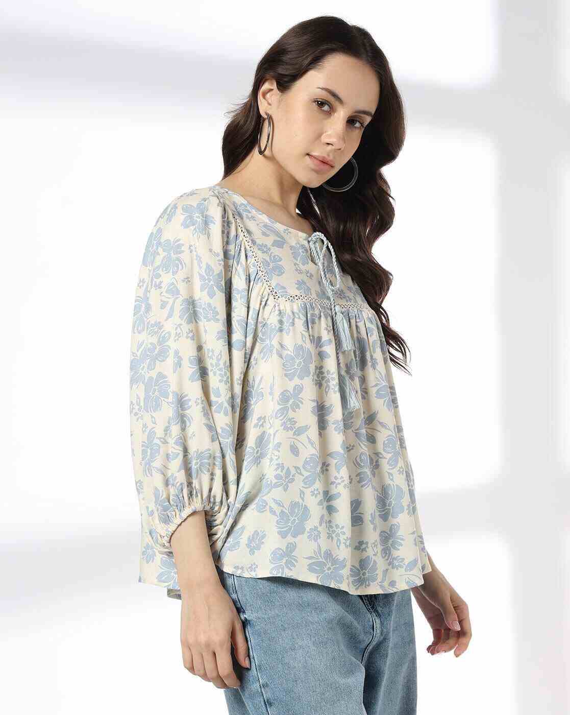 DNMX | Women Printed with Neck Tie-Up and Lace Insert|1