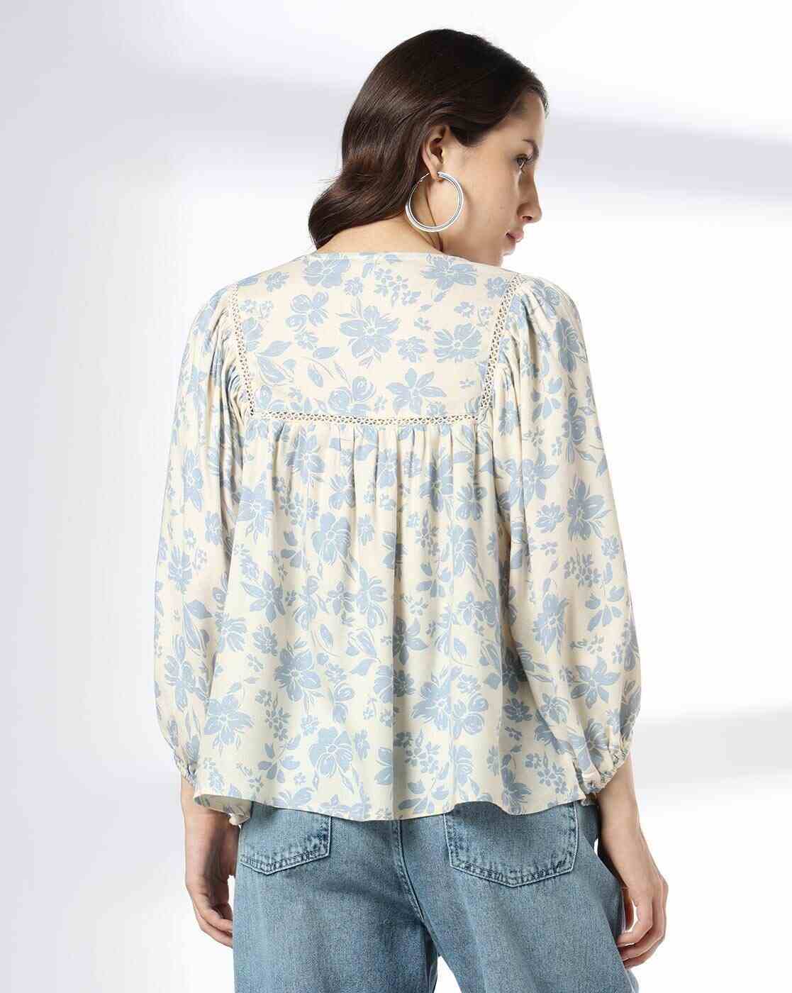DNMX | Women Printed with Neck Tie-Up and Lace Insert|2