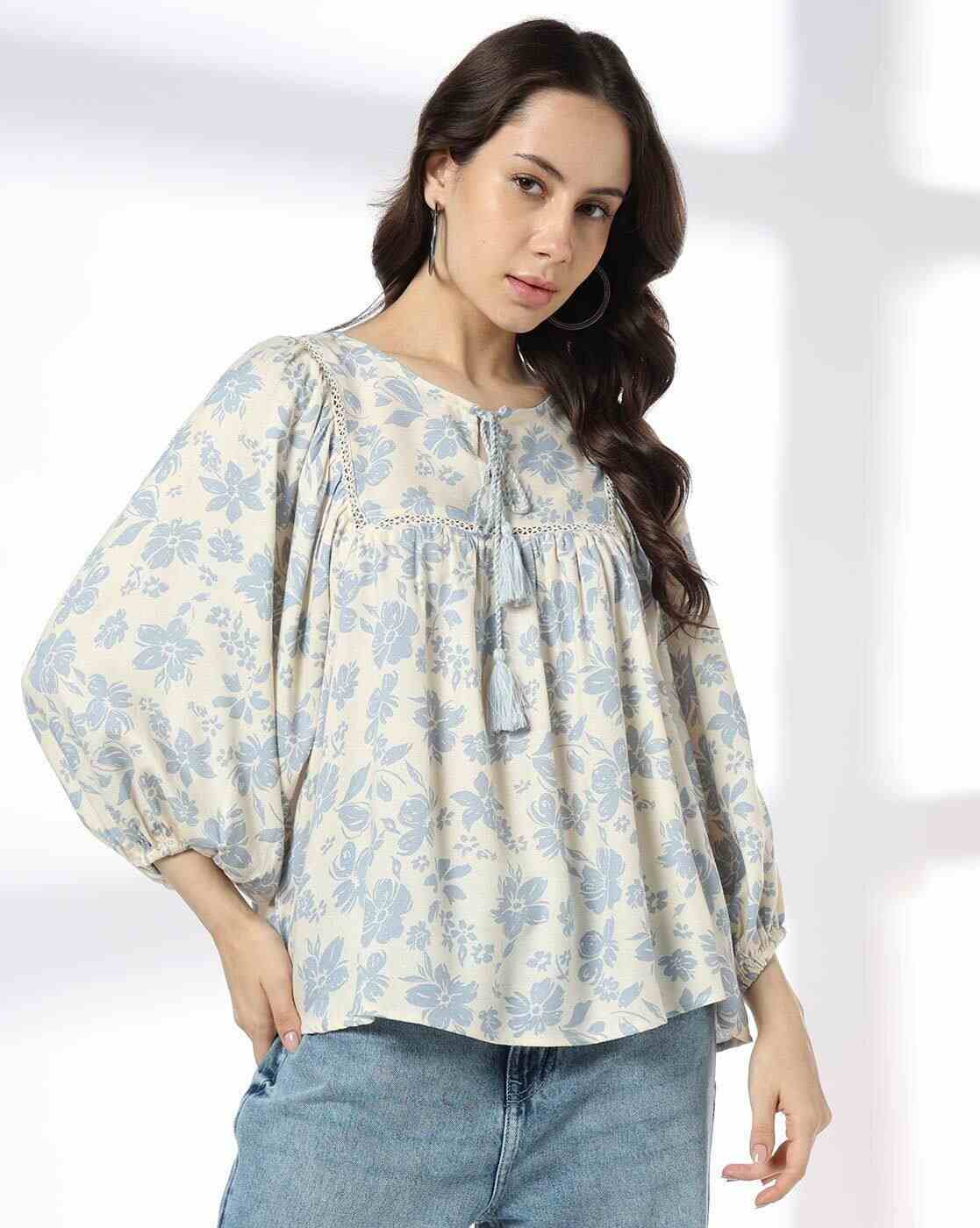 DNMX | Women Printed with Neck Tie-Up and Lace Insert|3