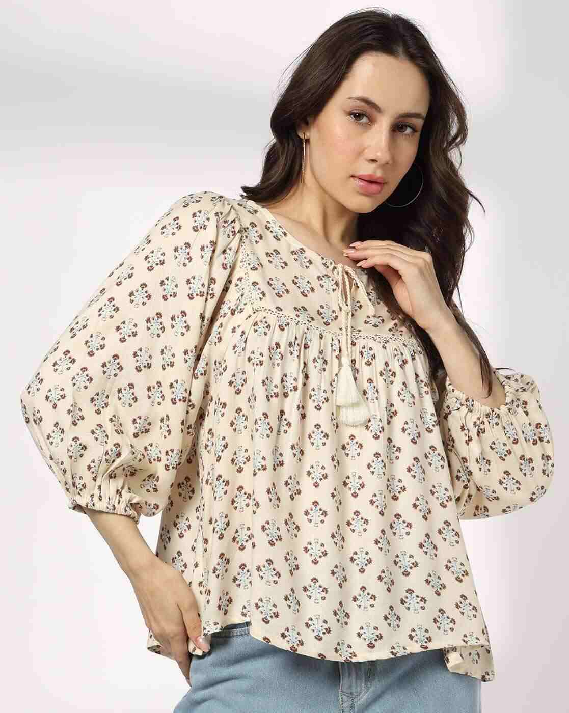 Women Printed with Neck Tie-Up and Lace Insert