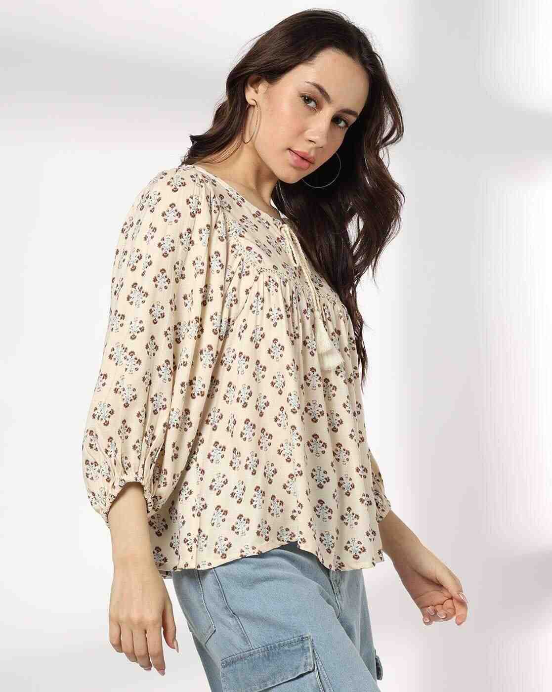DNMX | Women Printed with Neck Tie-Up and Lace Insert|1