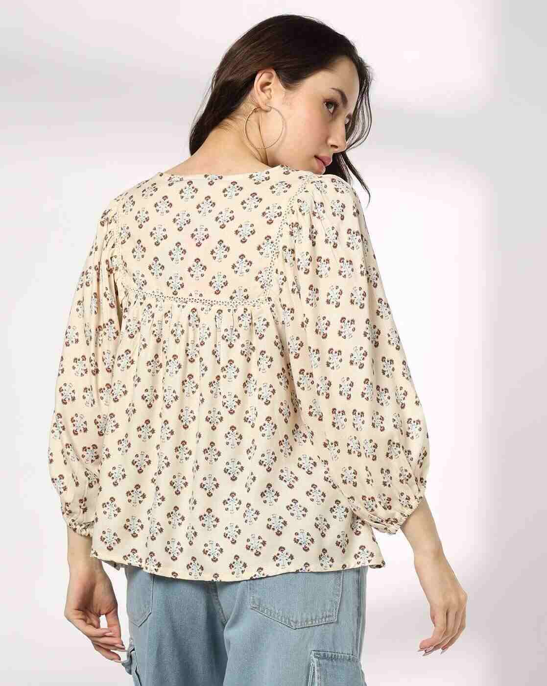 DNMX | Women Printed with Neck Tie-Up and Lace Insert|2