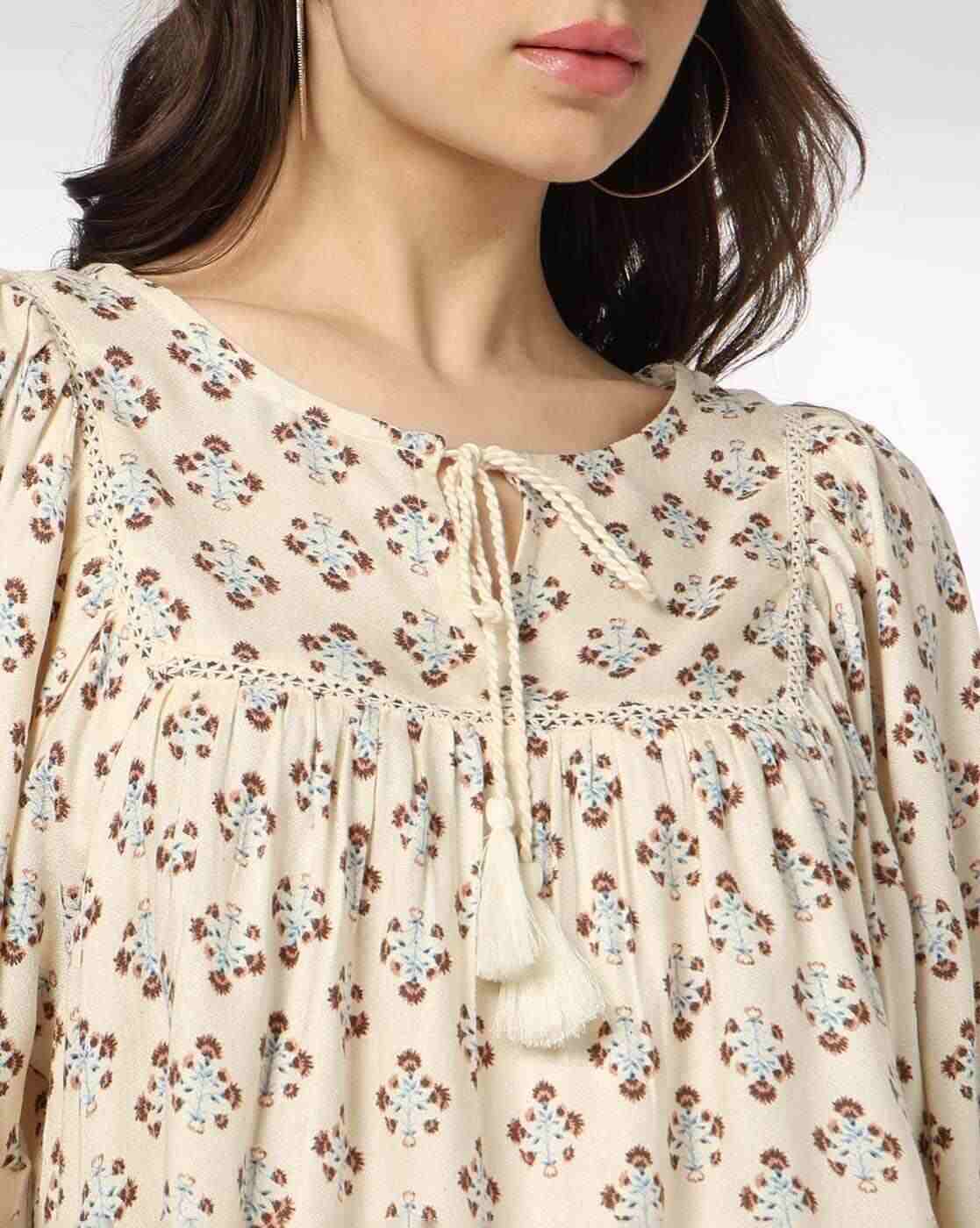 DNMX | Women Printed with Neck Tie-Up and Lace Insert|3