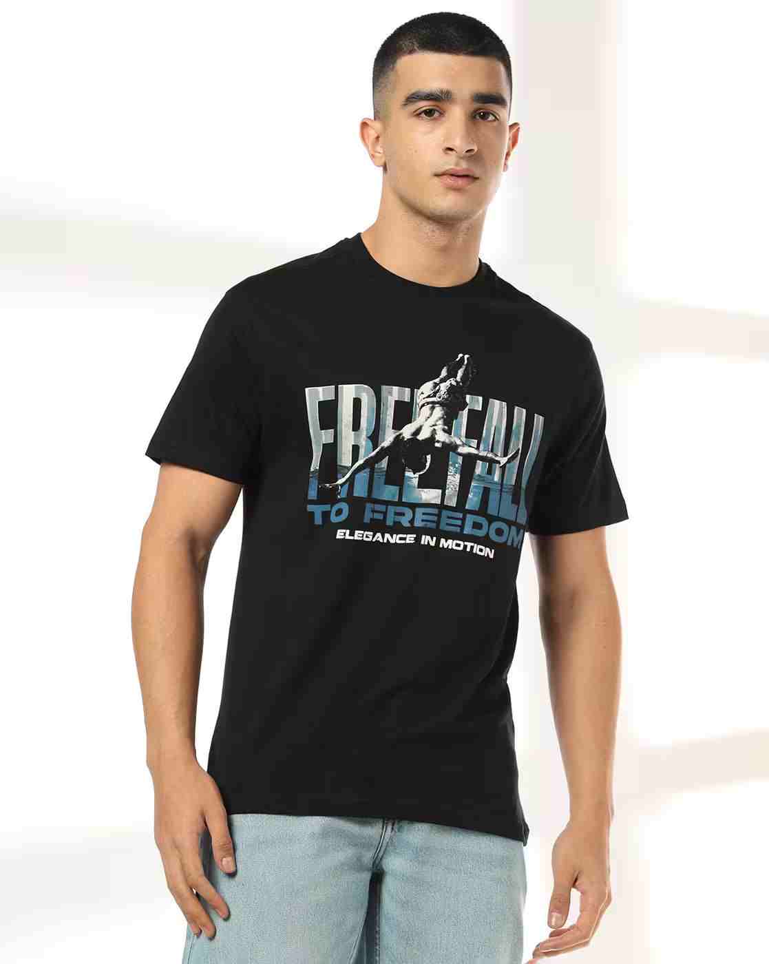 DNMX | Men Typographic Print Regular Fit Crew-Neck T-Shirt|0