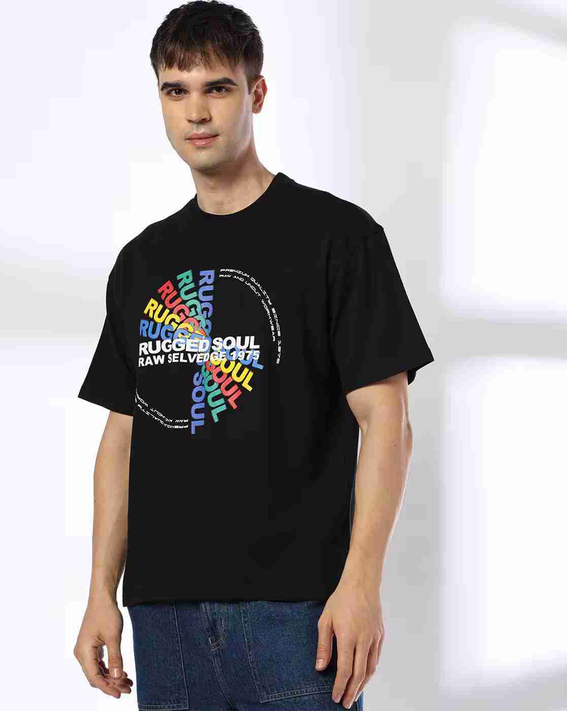 DNMX | Men Typographic Print Boxy Fit Crew-Neck T-Shirt|0