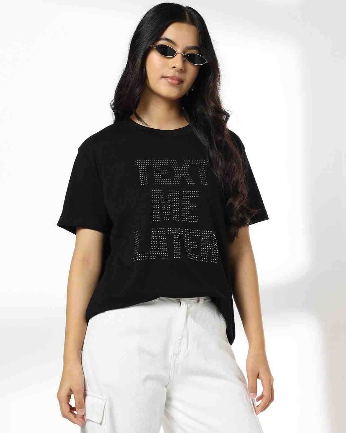 DNMX | Women Typographic Print Relaxed Fit Crew-Neck T-Shirt|0
