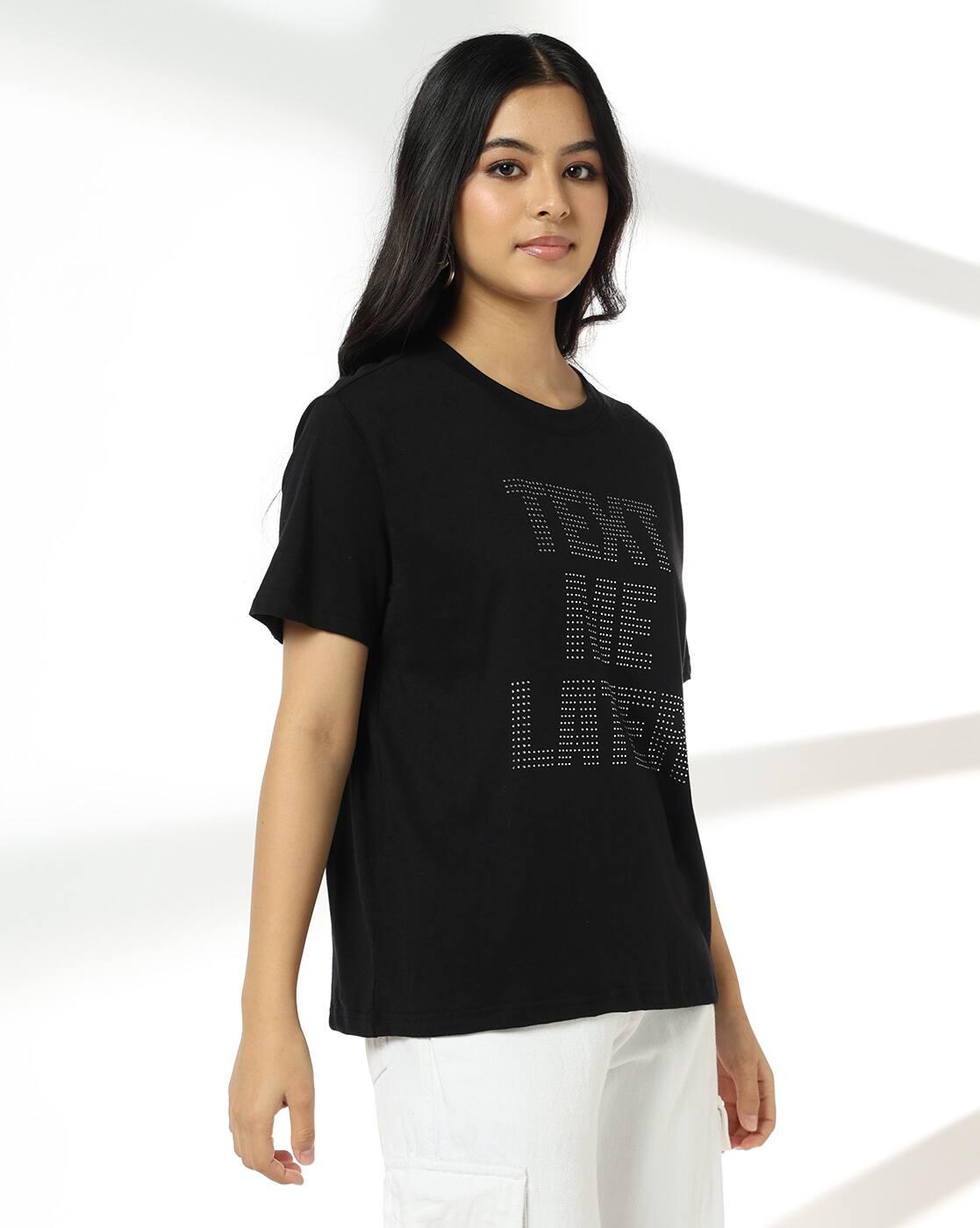 DNMX | Women Typographic Print Relaxed Fit Crew-Neck T-Shirt|1