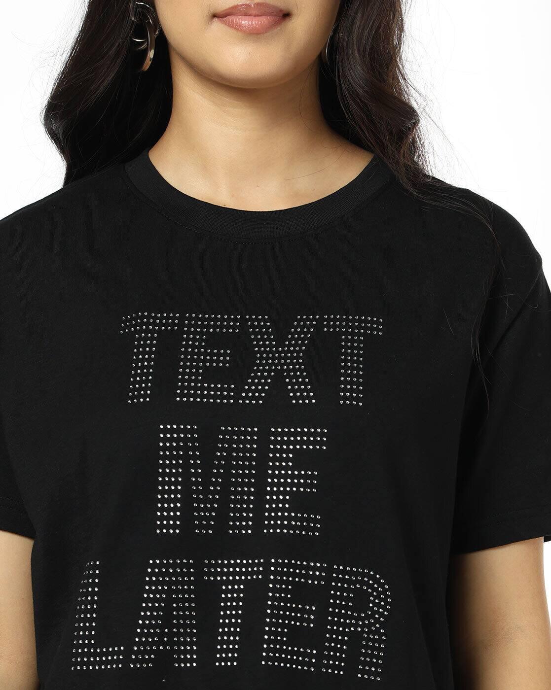 DNMX | Women Typographic Print Relaxed Fit Crew-Neck T-Shirt|4