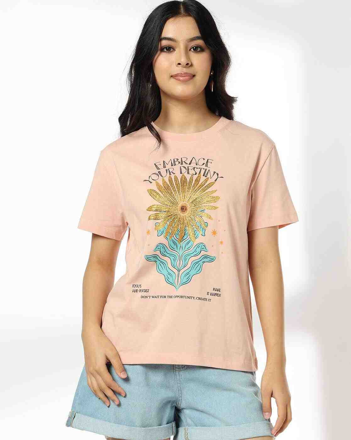 DNMX | Women Floral Print Relaxed Fit Crew-Neck T-Shirt|0