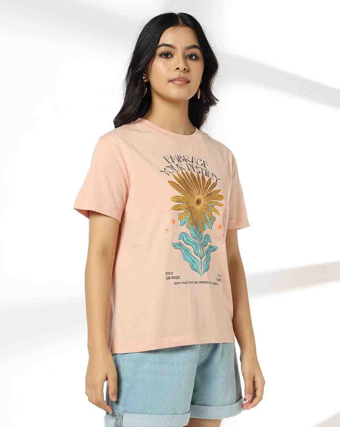 DNMX | Women Floral Print Relaxed Fit Crew-Neck T-Shirt|1