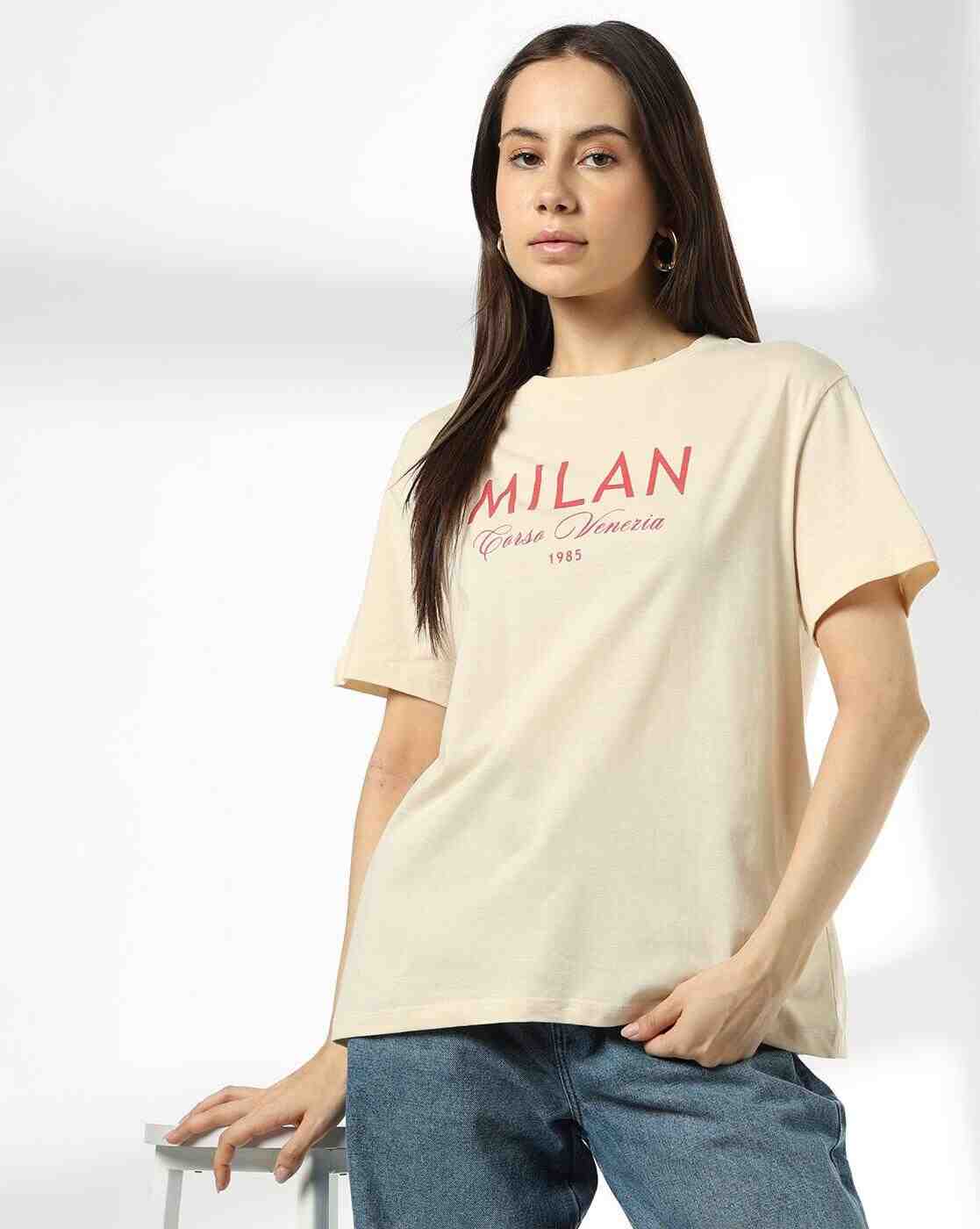 DNMX | Women Typographic Print Relaxed Fit Crew-Neck T-Shirt|0