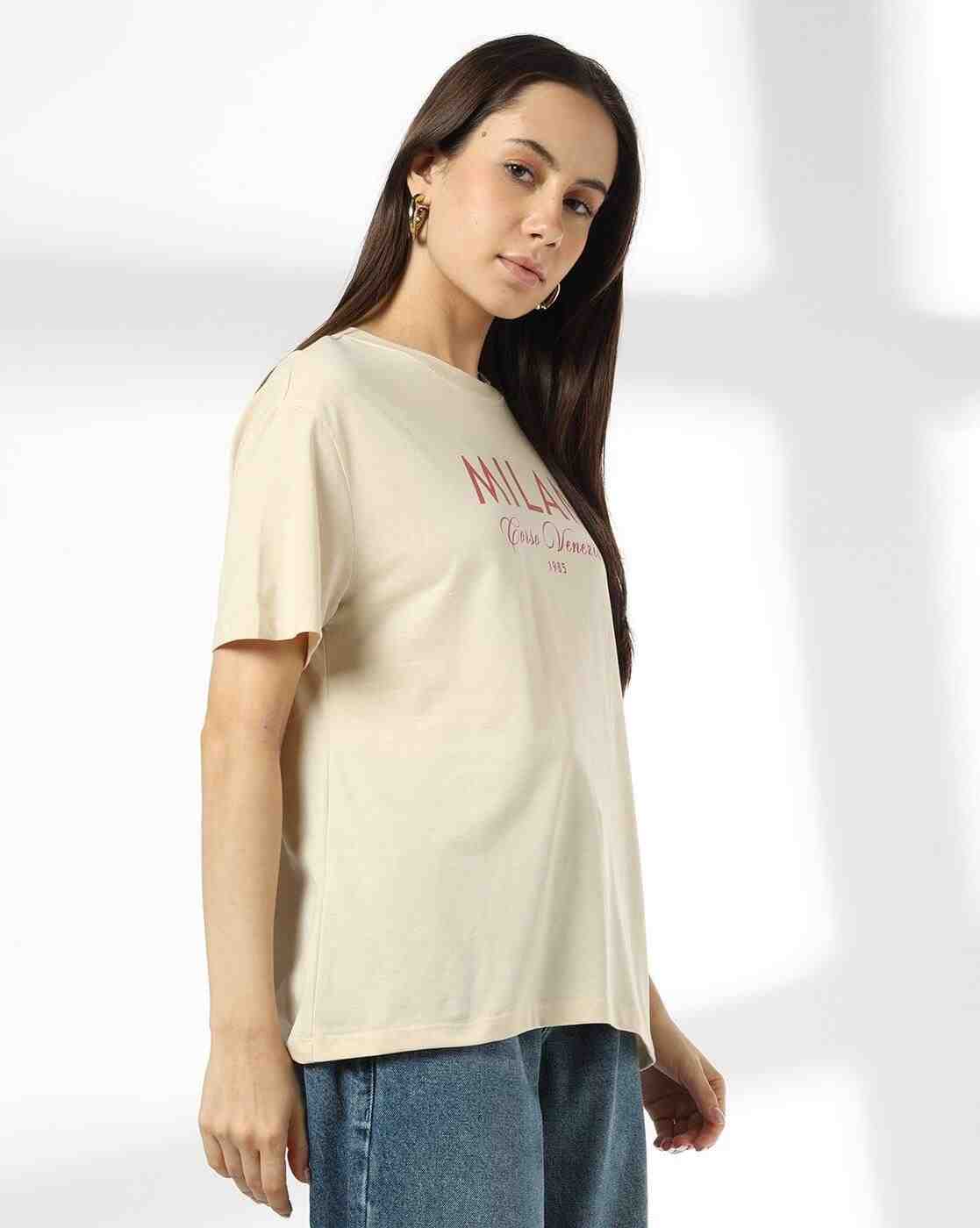 DNMX | Women Typographic Print Relaxed Fit Crew-Neck T-Shirt|1