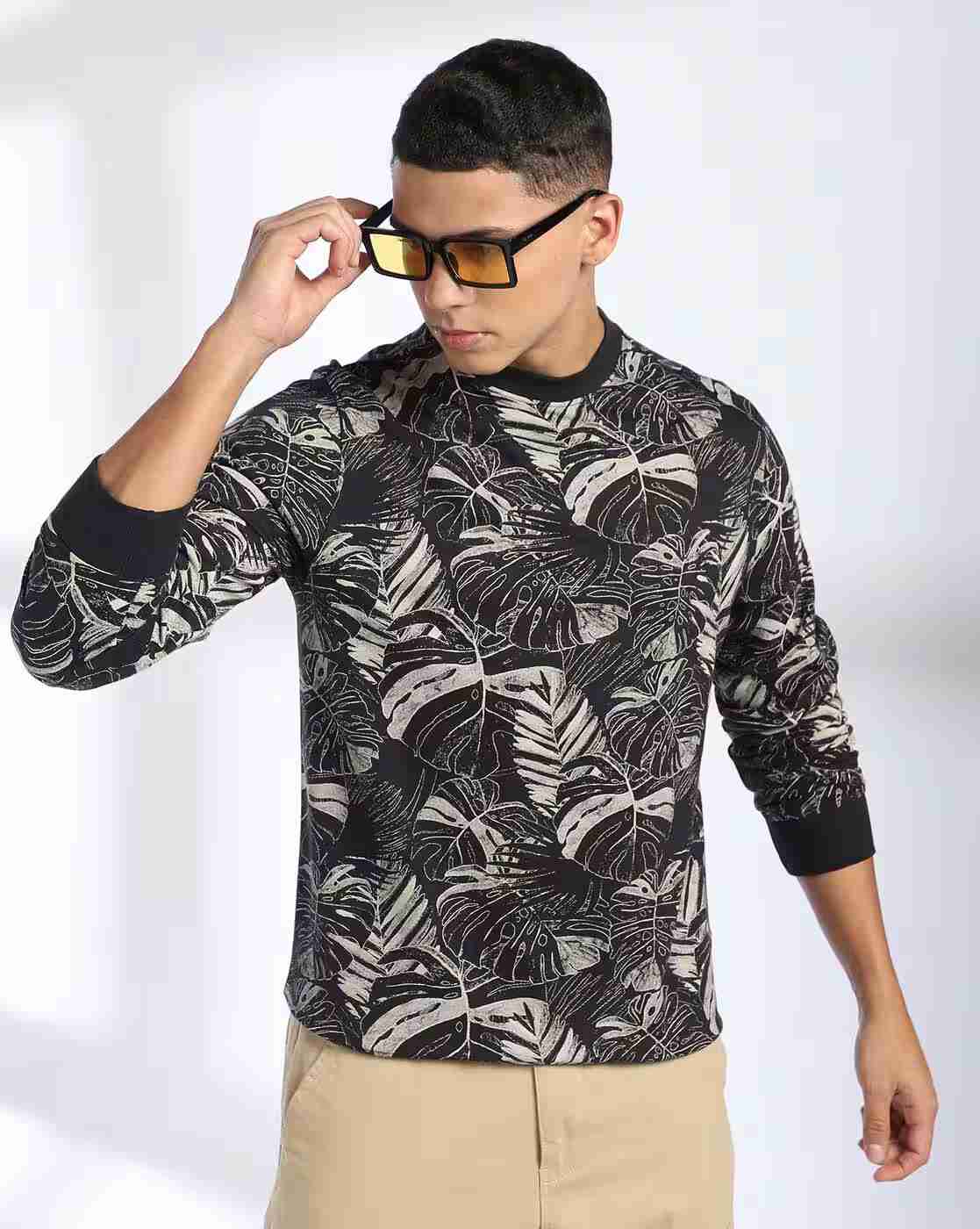 Men Tropical Print Slim Fit Crew-Neck Sweatshirt