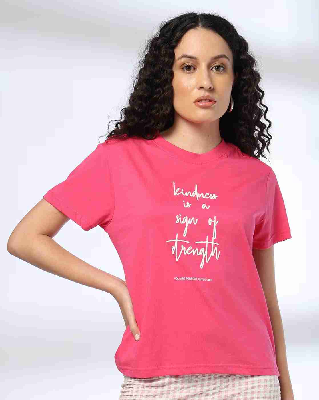 DNMX | Women Typographic Print Slim Boxy Fit Crew-Neck T-Shirt|0