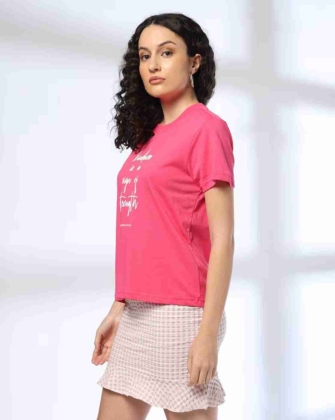 DNMX | Women Typographic Print Slim Boxy Fit Crew-Neck T-Shirt|1