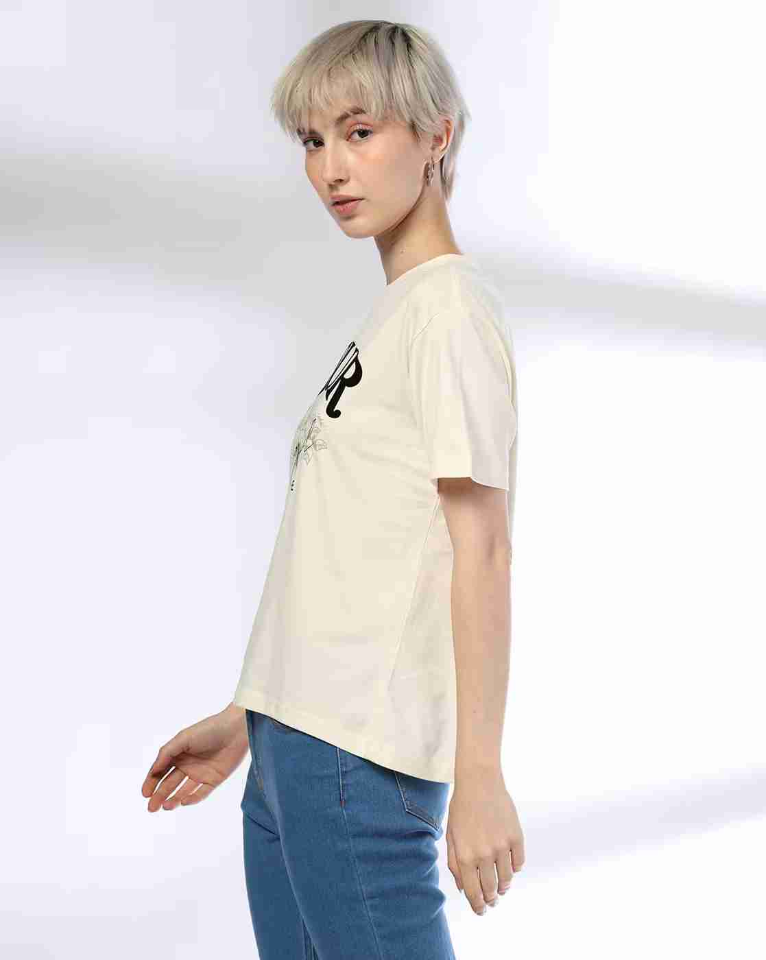 DNMX | Women Typographic Print Regular Boxy Fit Crew-Neck T-Shirt|1