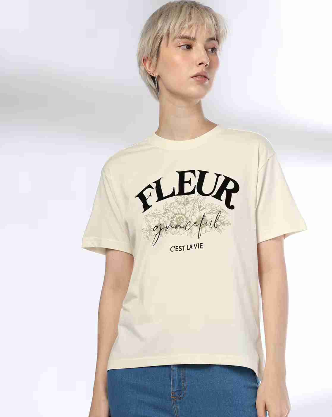 DNMX | Women Typographic Print Regular Boxy Fit Crew-Neck T-Shirt|3