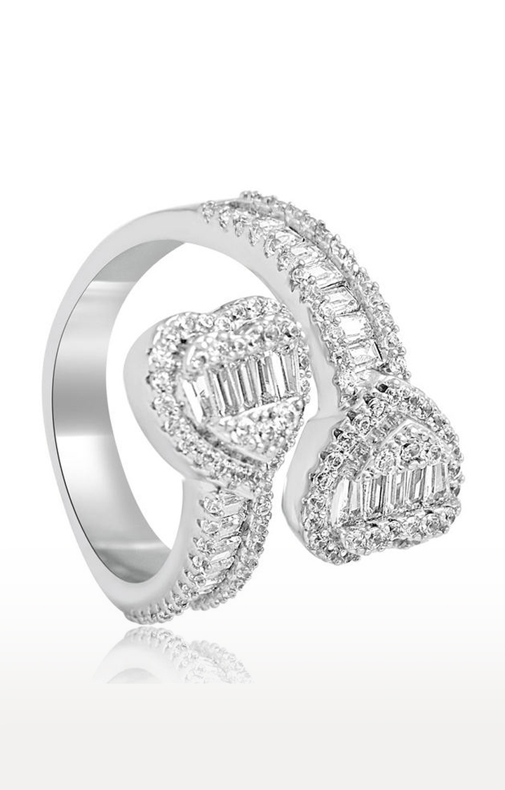 Unisex Silver Double Heart Baguette Ring