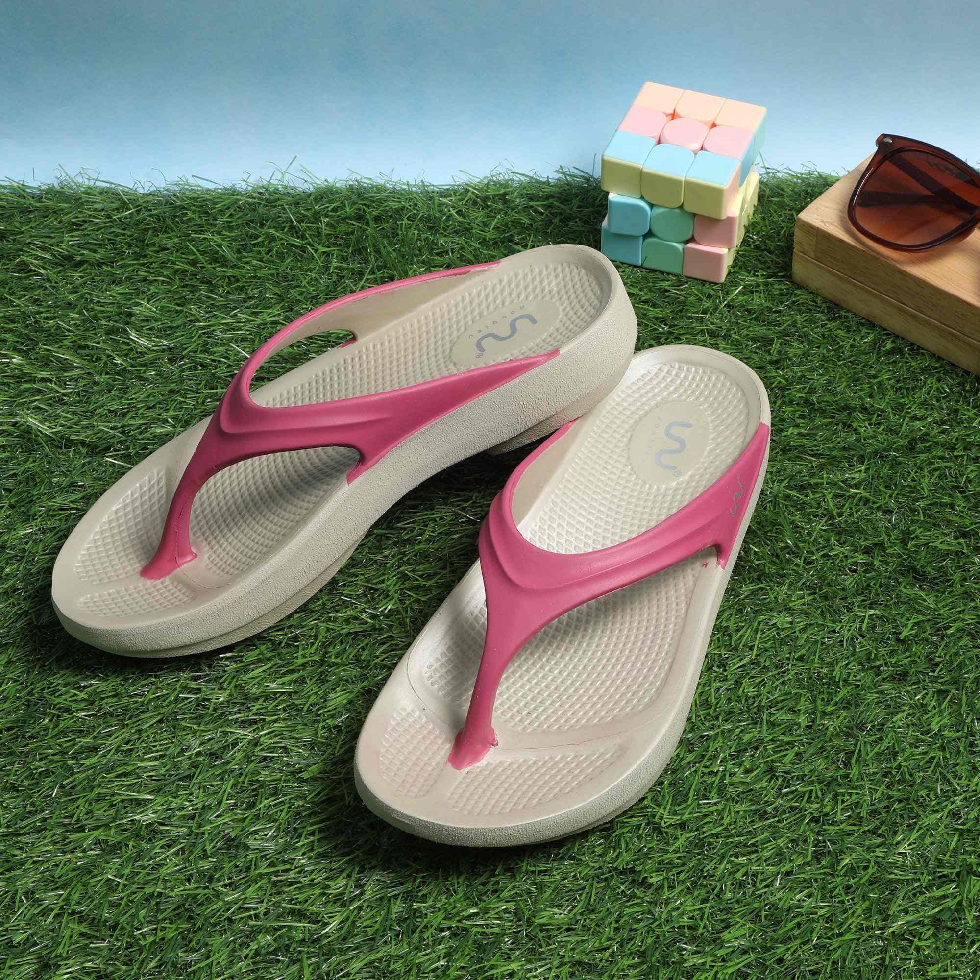 Women Casual Beige Fuchsia Flip Flops
