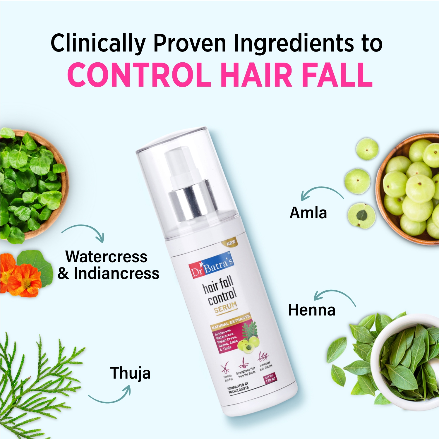 Dr Batra's | Dr Batra's Hair Fall Control Serum Enriched With Watercress, Indian Cress Extract, Heena, Amla Extract & Thuja - 130 ml 2
