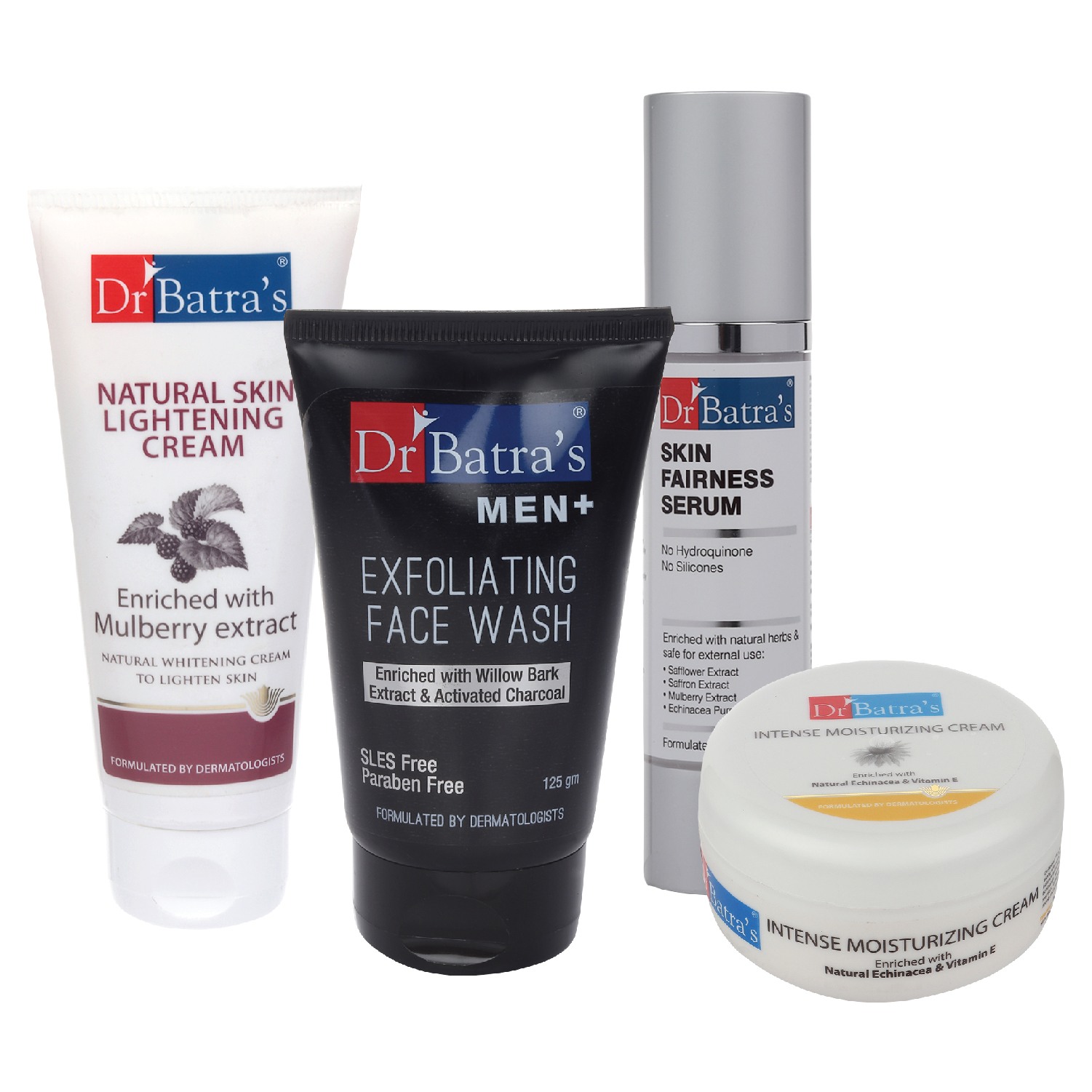 Dr Batra's Skin Fairness Serum - 50 G, Men+ Exfoliating Face Wash - 125 G,Natural Skin Lightening Cream - 100 gm and Intense Moisturizing Cream -100 G (Pack of 4)
