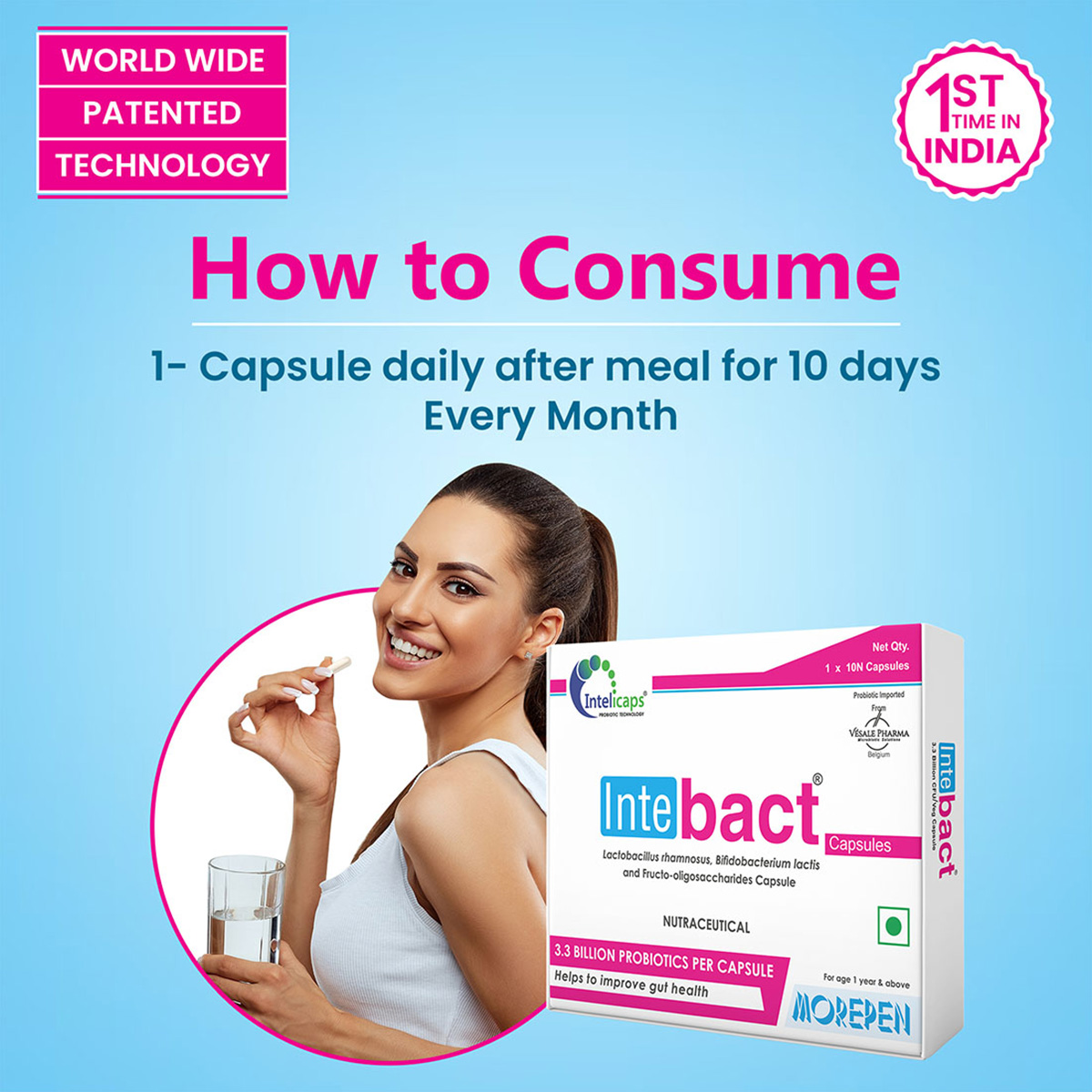 Dr. Morepen | Intebact Probiotic Capsules |Supplement For Gut Health | 10 Veg Cap| Pack Of 2
