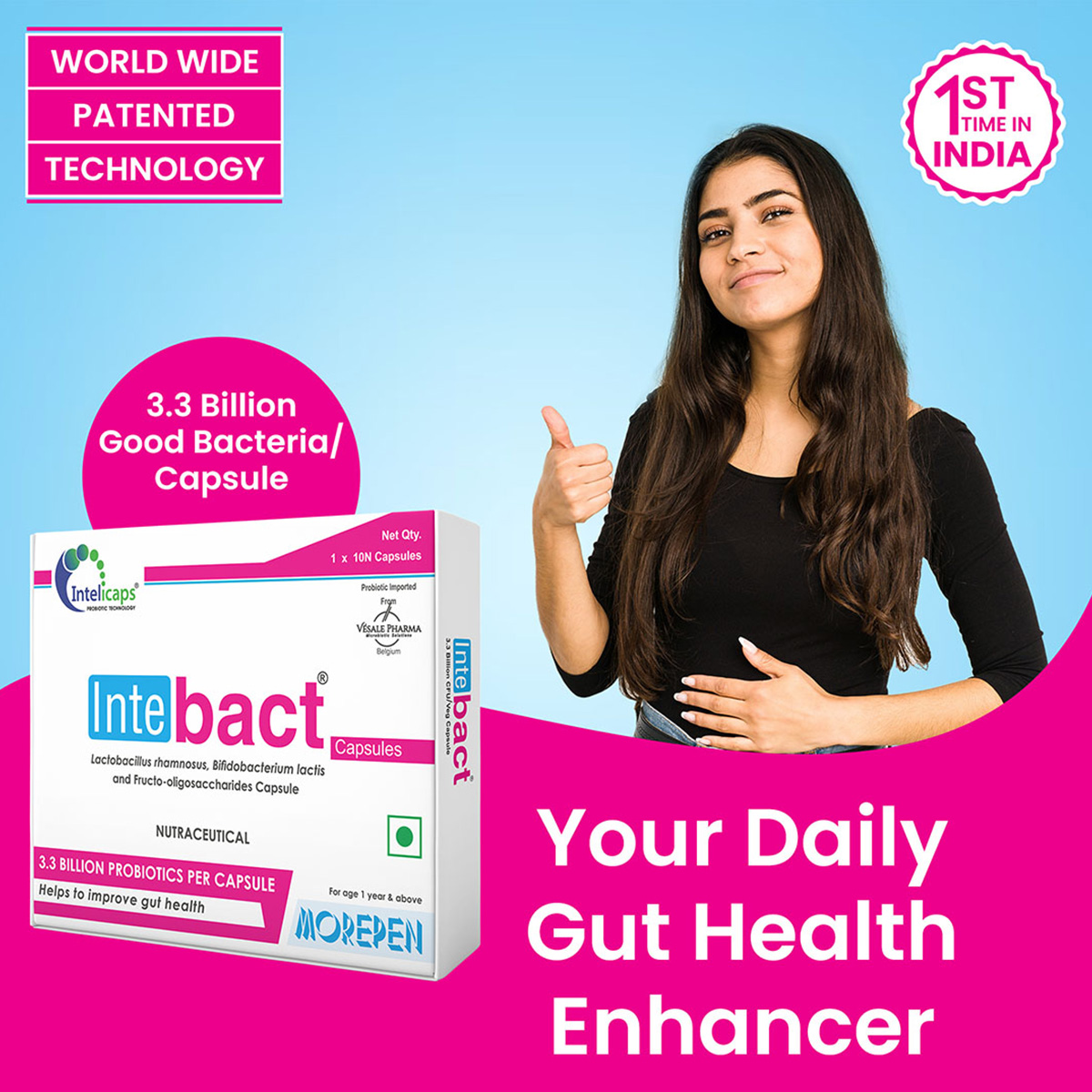 Dr. Morepen | Intebact Probiotic Capsules |Supplement For Gut Health | 10 Veg Cap| Pack Of 2