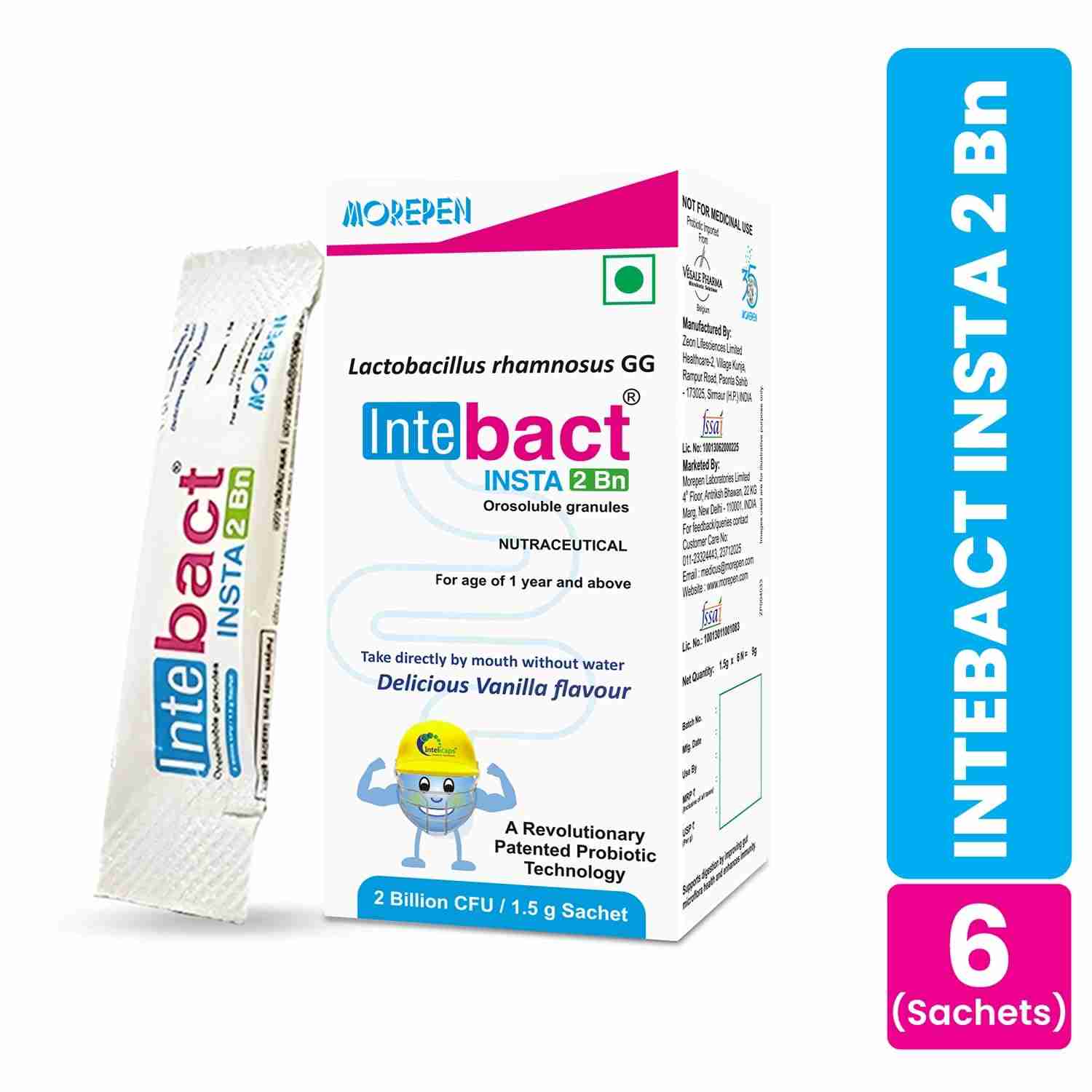 Dr. Morepen | Intebact Insta 2Bn Cfu|Probiotics Supplement For Gut Health, Vanilla Flavour | 6 Sachets | Pack Of 3