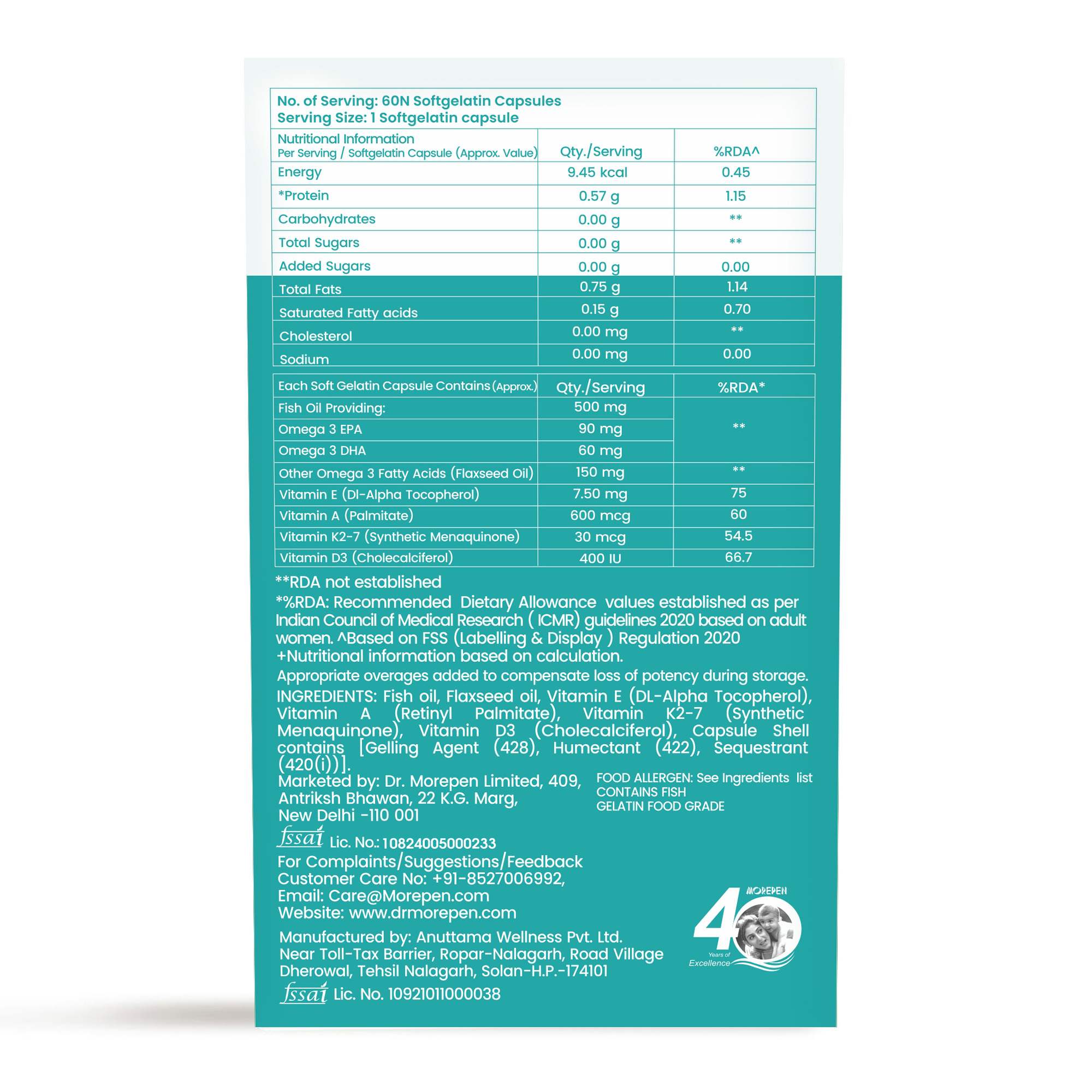 Dr. Morepen | Omega 3 Fish Oil With 300Mg Epa & Dha | 500Mg | High Potency Fish Oil | 60 Softgels | Pack Of 1