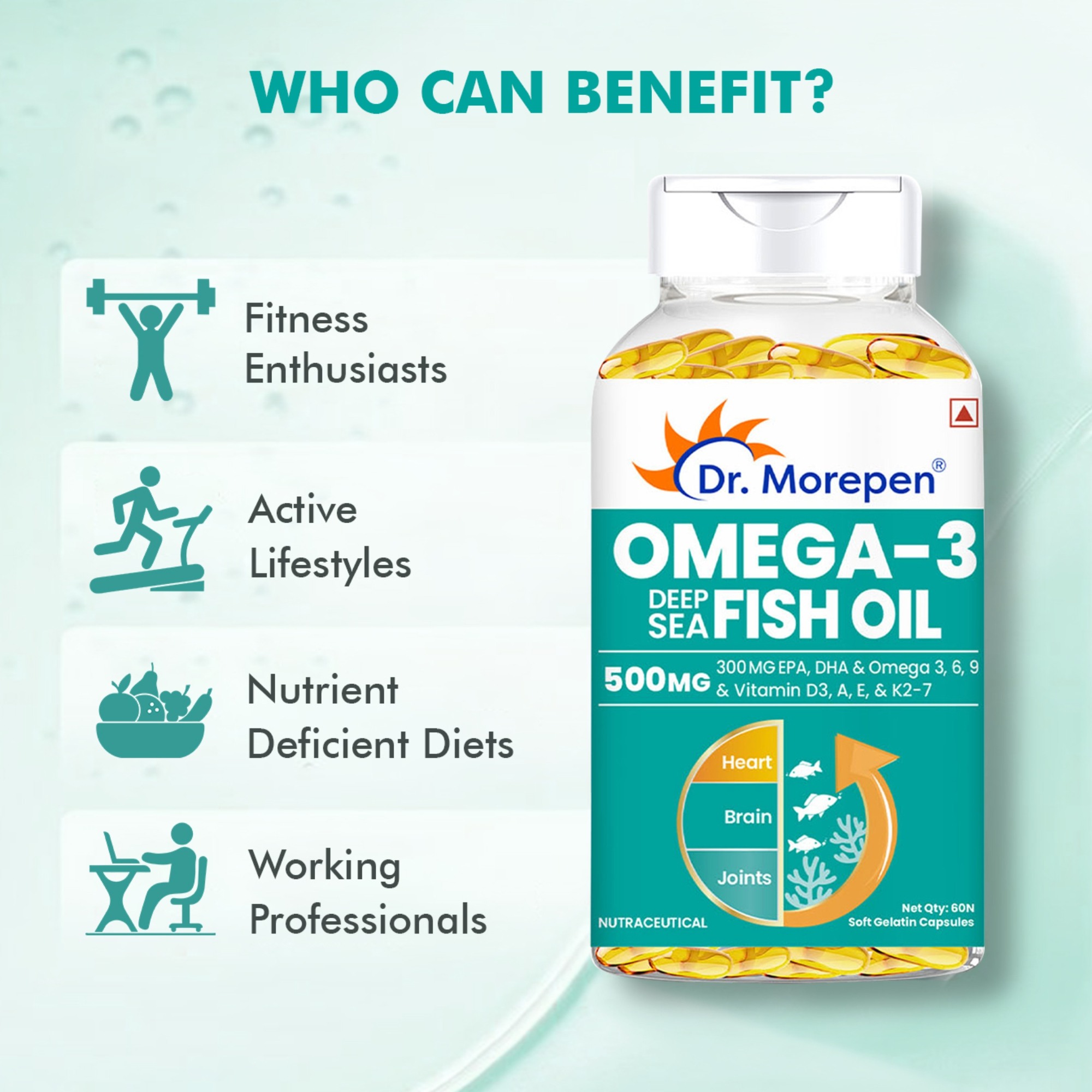 Dr. Morepen | Omega 3 Fish Oil With 300Mg Epa & Dha | 500Mg | High Potency Fish Oil | 60 Softgels | Pack Of 1