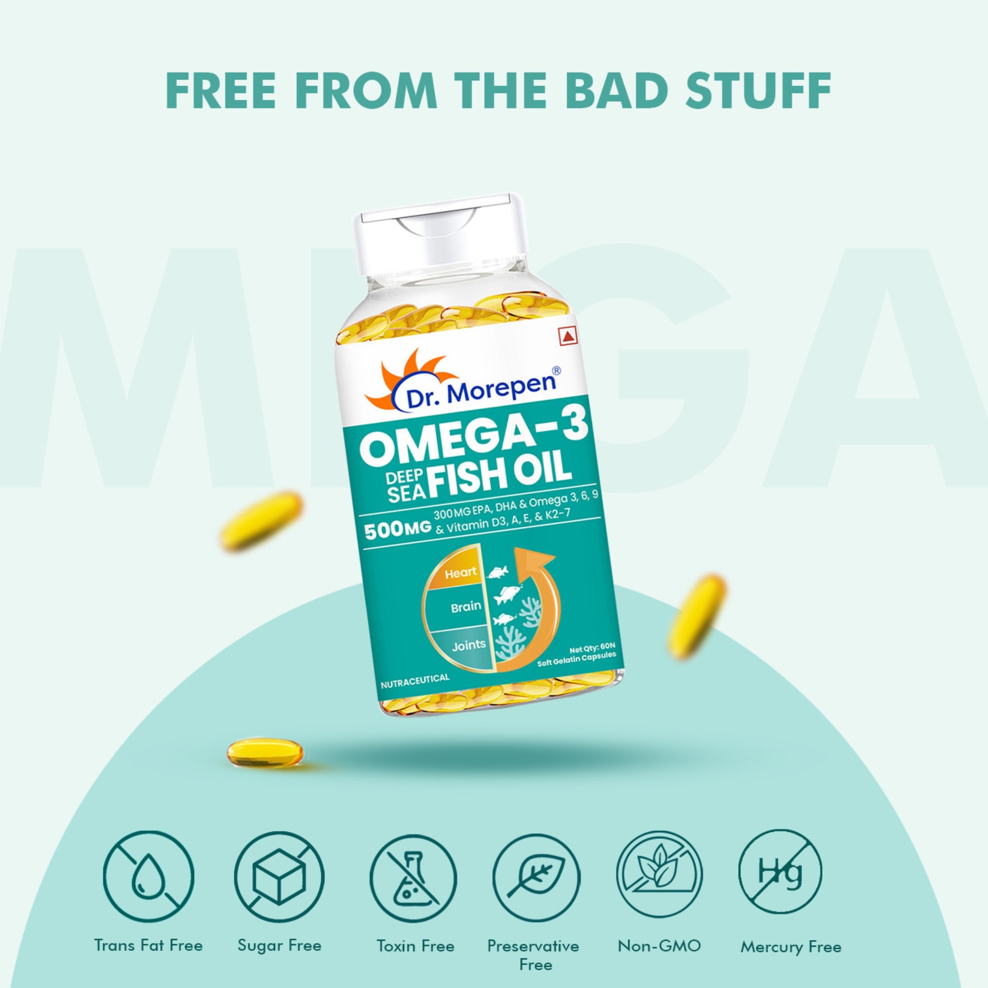Dr. Morepen | Omega 3 Fish Oil With 300Mg Epa & Dha | 500Mg | High Potency Fish Oil | 60 Softgels | Pack Of 1