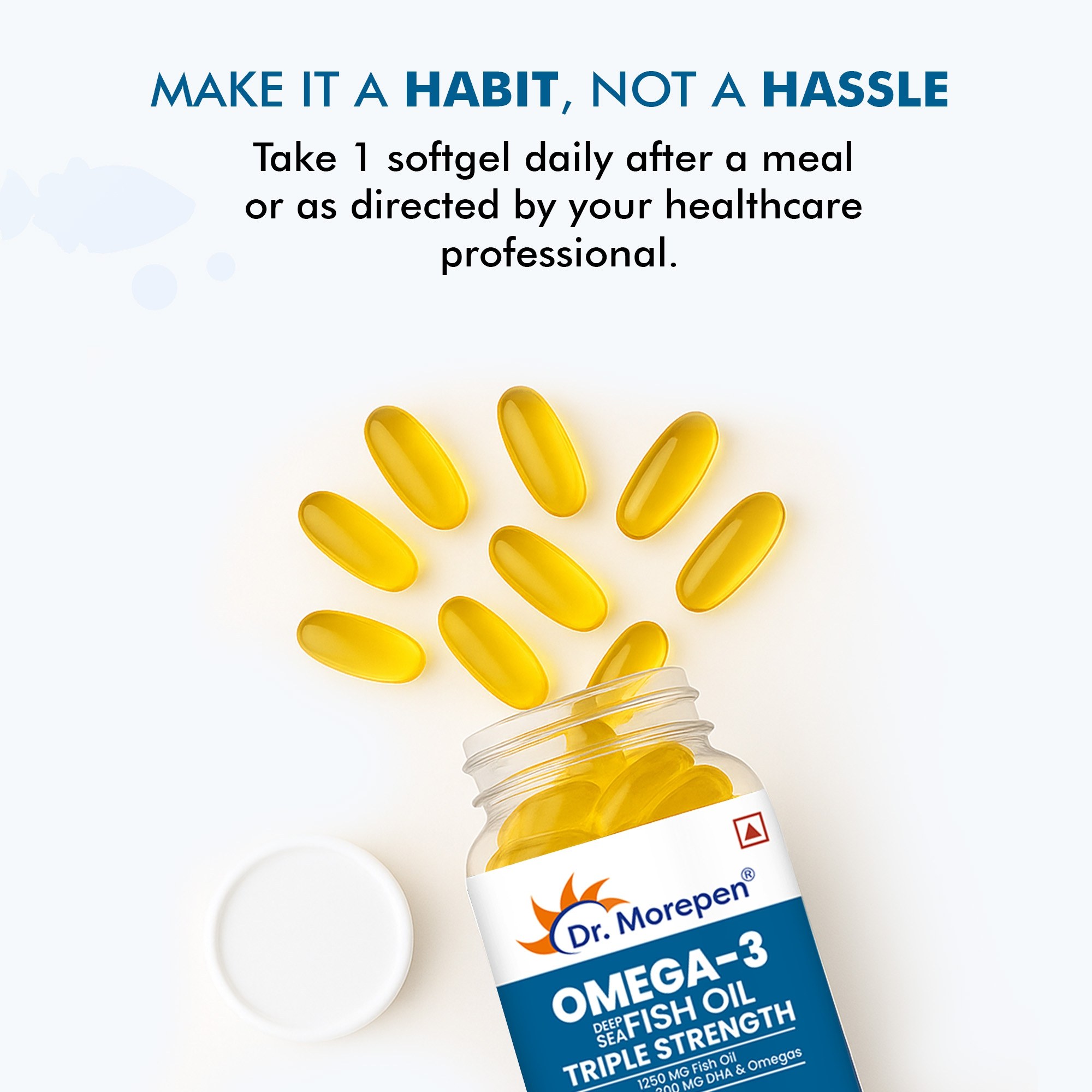 Dr. Morepen | Omega-3 Fish Oil (60 Capsules) | 1250Mg Triple Strength Fish Oil Softgel Capsules (450Mg Epa & 300Mg Dha) | For Joint & Heart Health