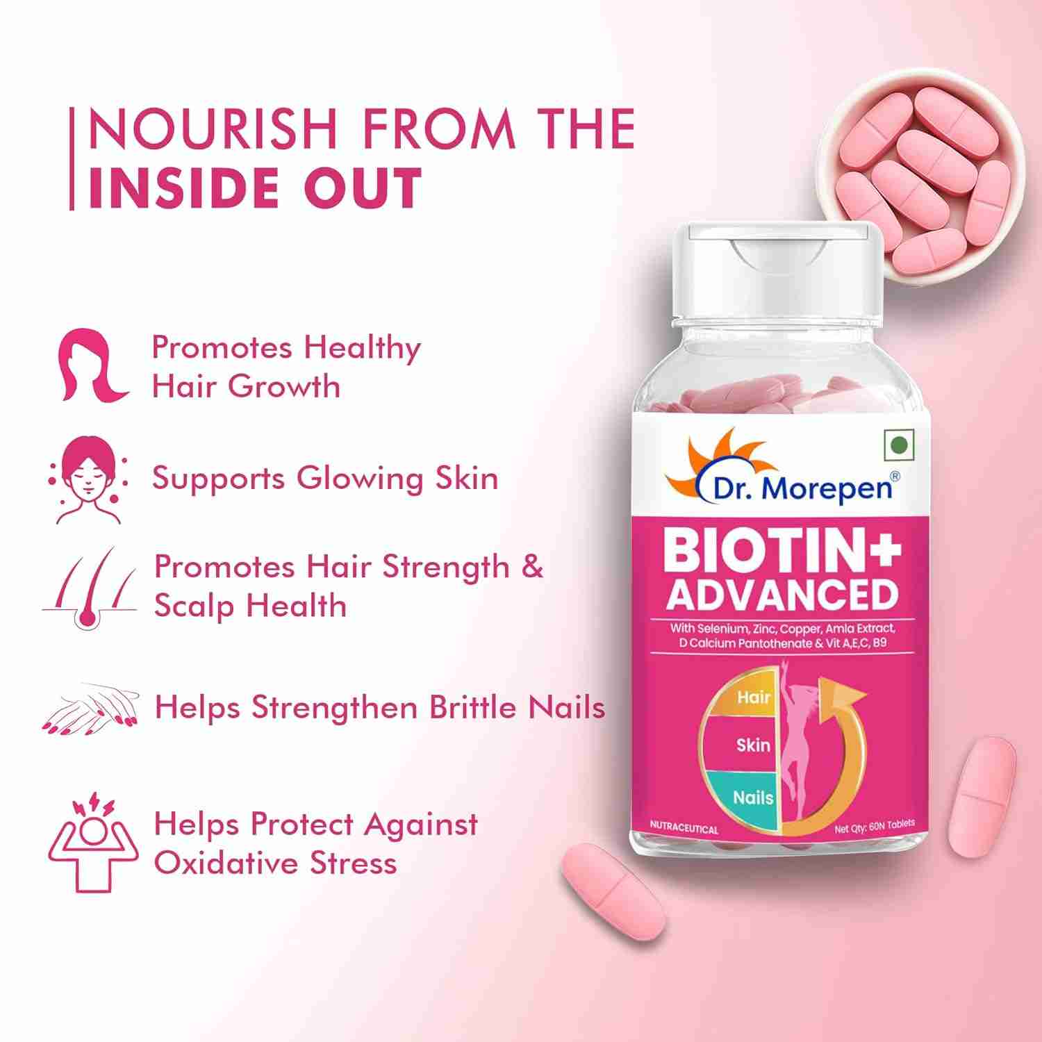 Dr. Morepen | Biotin+ Tabs | With Multivitamins, Amino Acids, Natural Extract Of Amla, Turmeric & Green Tea, Bhringraj & Brahmi | 60 Tab
