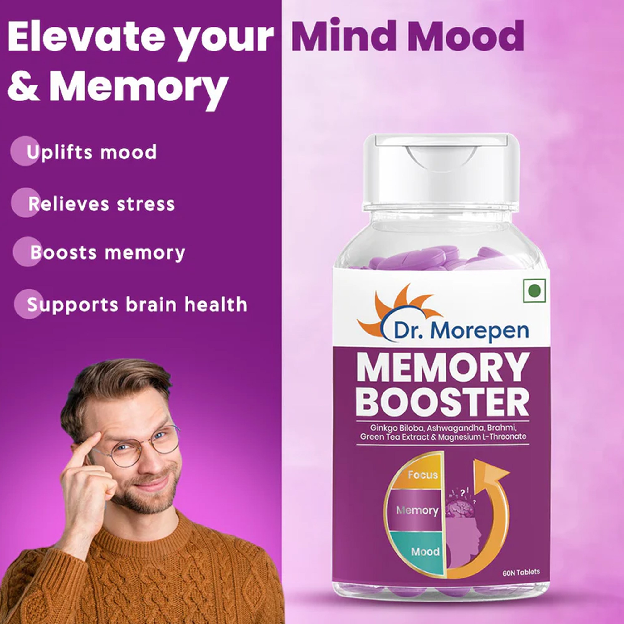 Dr. Morepen | Memory, Focus & Mood Tablets | Safe For Brain Health, Non-Gmo & Preservatives Free | 60 Tablets