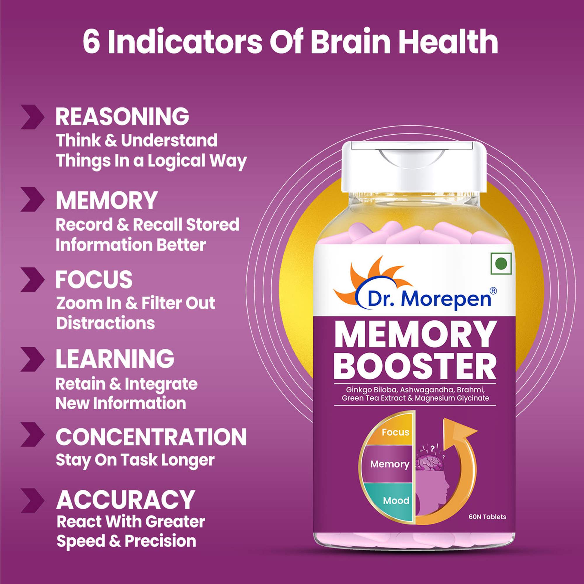 Dr. Morepen | Memory, Focus & Mood Tablets | Safe For Brain Health, Non-Gmo & Preservatives Free | 60 Tablets