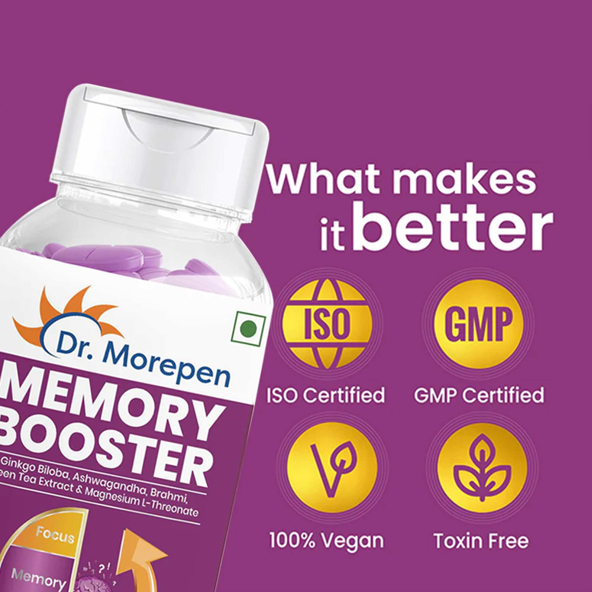 Dr. Morepen | Memory, Focus & Mood Tablets | Safe For Brain Health, Non-Gmo & Preservatives Free | 60 Tablets