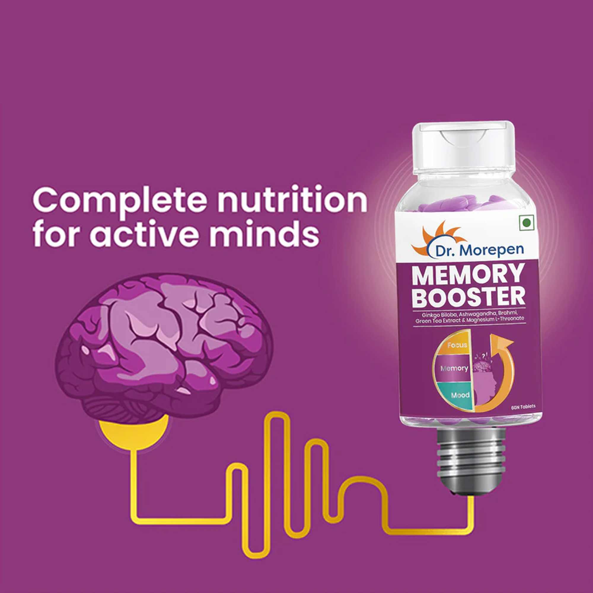 Dr. Morepen | Memory, Focus & Mood Tablets | Safe For Brain Health, Non-Gmo & Preservatives Free | 60 Tablets