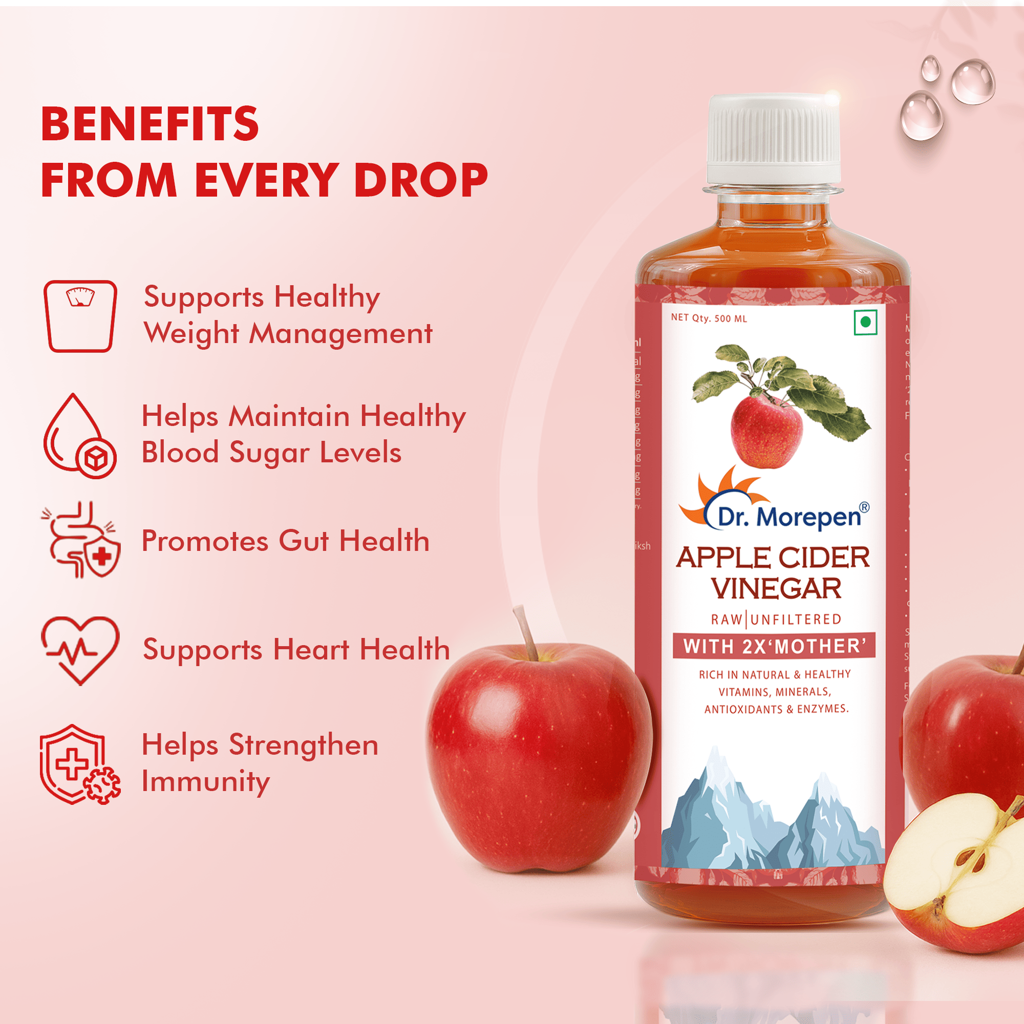 Dr. Morepen | Apple Cider Vinegar With 2X Mother - 1000Ml, Raw, Unfiltered & 100% Unpasteurized, Naturally Fermented Blend Of Freshly Brewed Himalayan Apple