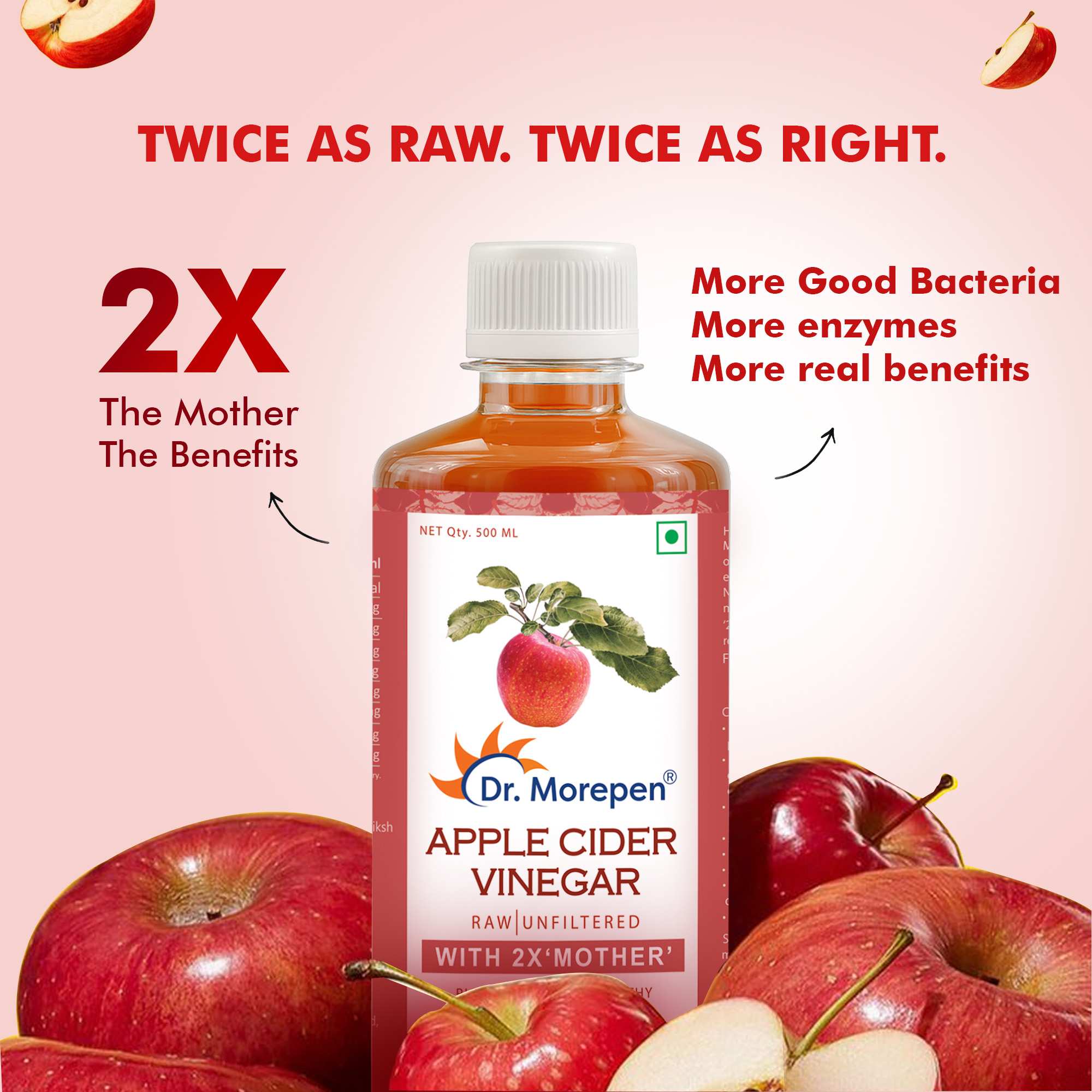 Dr. Morepen | Apple Cider Vinegar With 2X Mother - 1000Ml, Raw, Unfiltered & 100% Unpasteurized, Naturally Fermented Blend Of Freshly Brewed Himalayan Apple