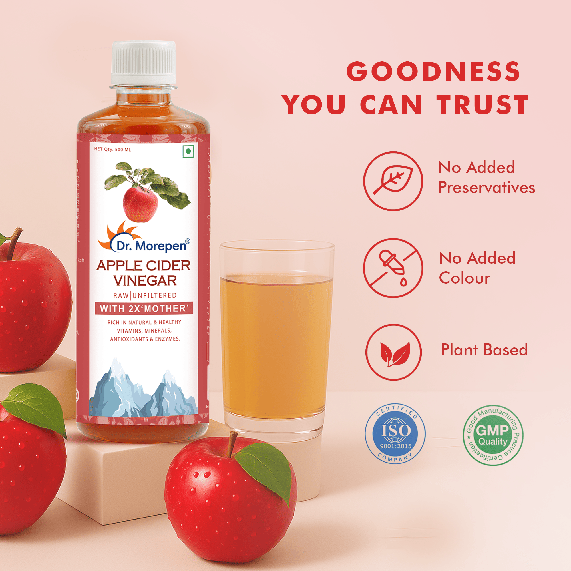Dr. Morepen | Apple Cider Vinegar With 2X Mother - 1000Ml, Raw, Unfiltered & 100% Unpasteurized, Naturally Fermented Blend Of Freshly Brewed Himalayan Apple