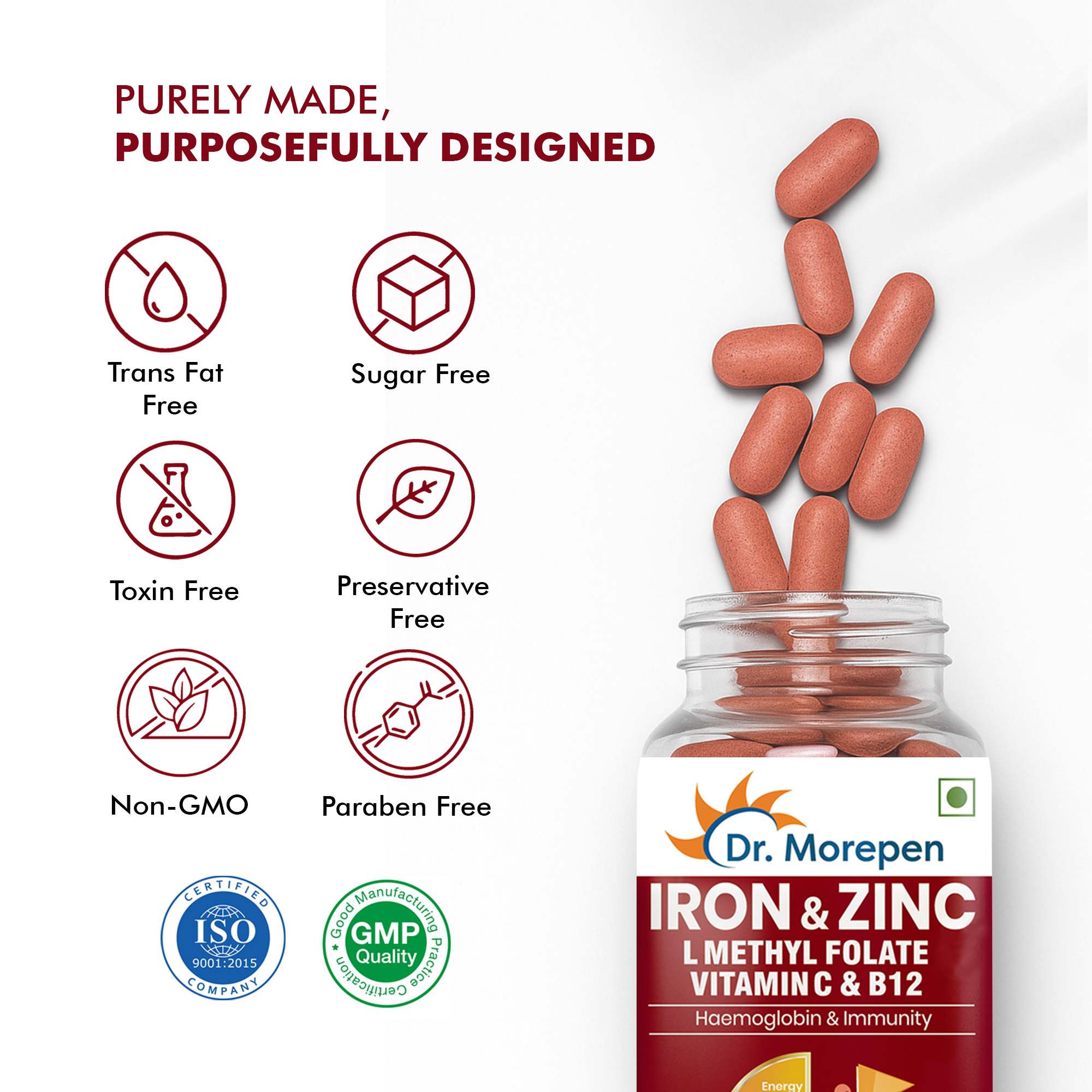 Dr. Morepen | Iron & Zinc Tablets|Enriched With Iron,Zinc,Vitamin C & B12|Natural & Safe For Unisex| 60 Veg Tablets | Pack Of 2