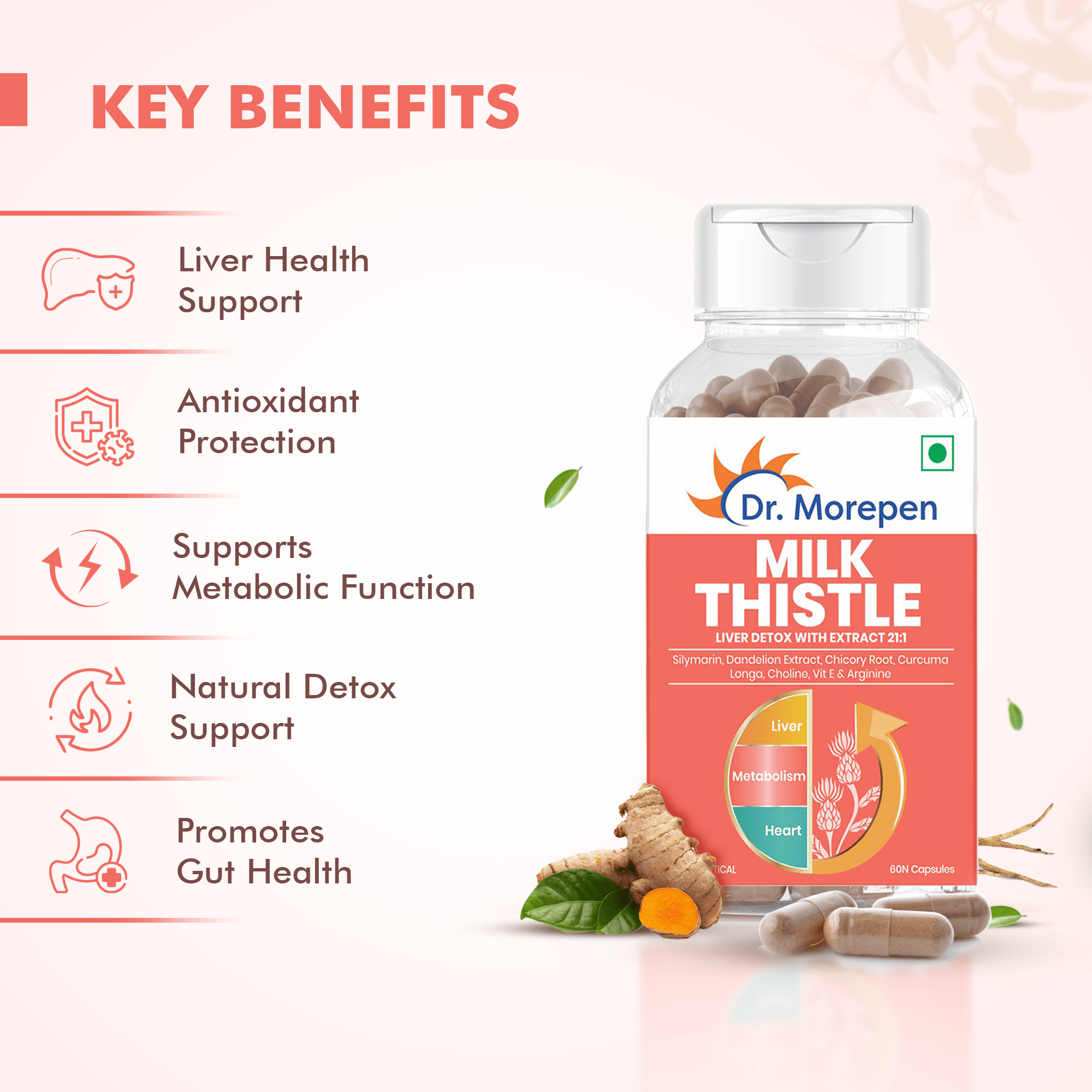Dr. Morepen | Milk Thistle With Silymarin, Dandelion Extract, Vitamin E & Arginine | Nature'S Goodness For Men And Women | 60 Cap | Pack Of 2