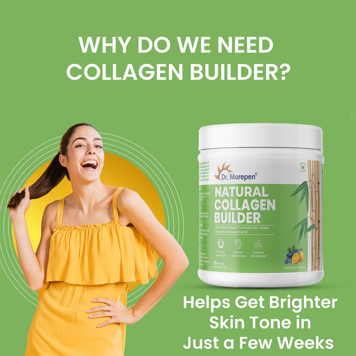 Dr. Morepen | Combo Of Biotin | 60 Veg Tablets & Natural Collagen Builder | Plant Based Collagen Powder Orange Berry Flavour | 250g