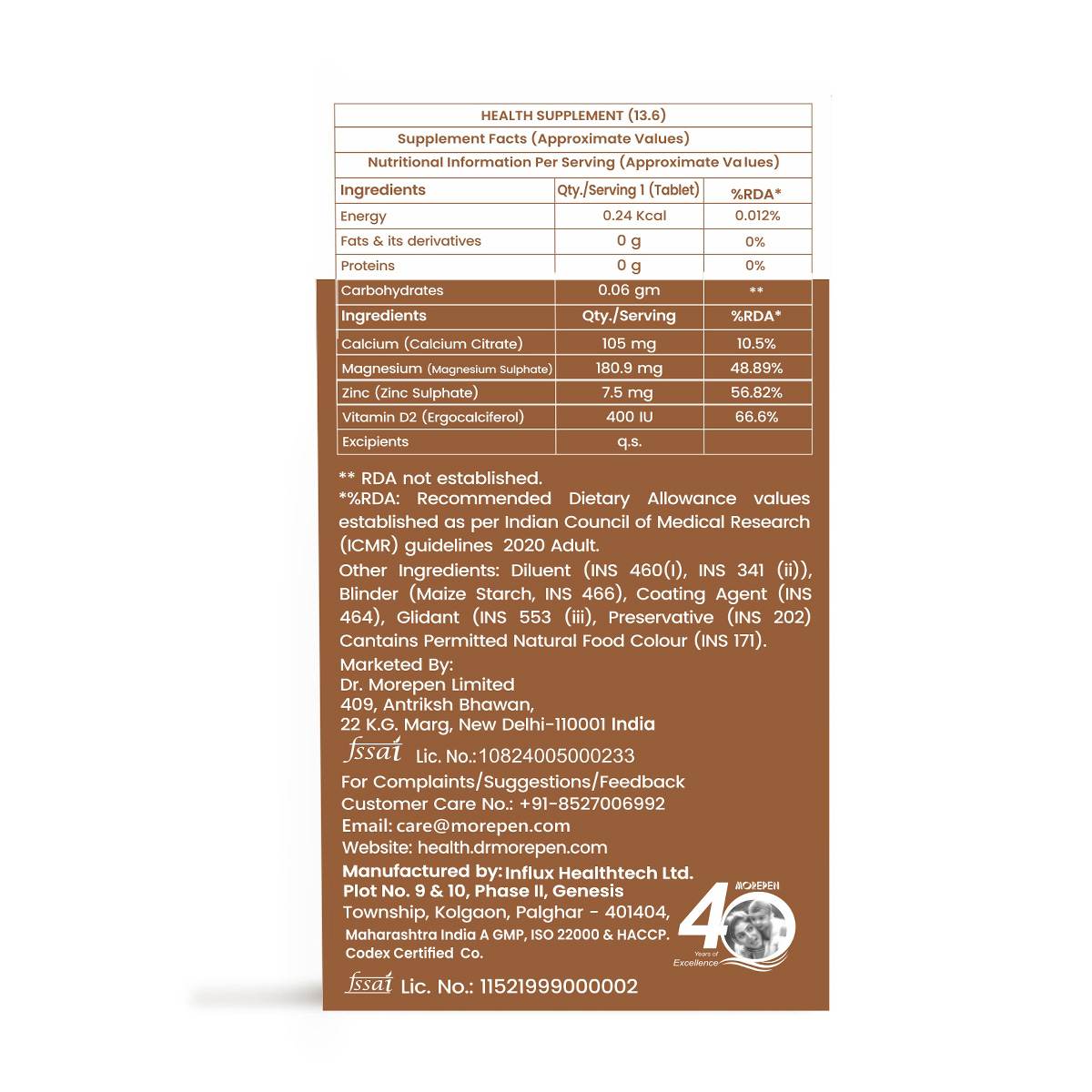 Dr. Morepen | Calcium+ Advanced Tabs | With Vitamin - D2, Magnesium & Zinc - 120 Veg Tablets For Women & Men Calcium & Vitamin D Tablets To Support Strong Bones, Joints & Muscles