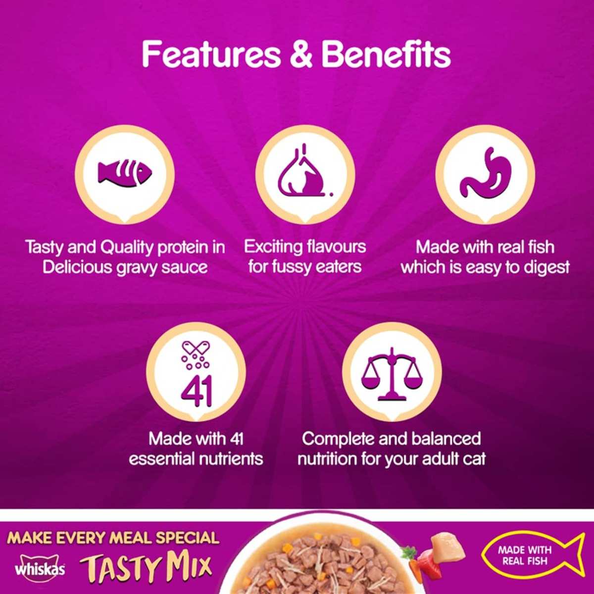 Whiskas Tasty Mix Chicken Tuna Carrot In Gravy Wet Cat Food, 70g