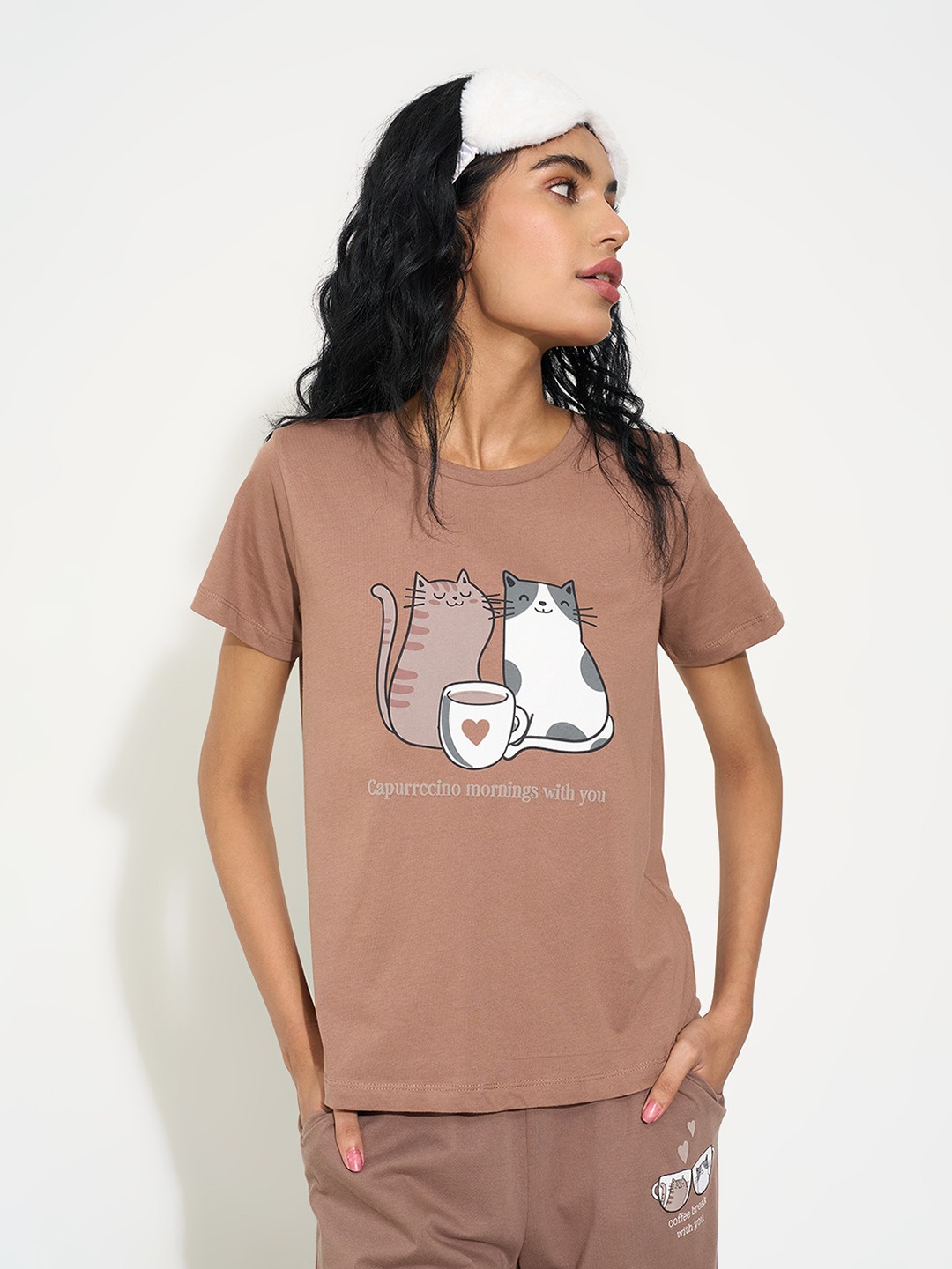 Brown Cat Beverage Graphic Sleepwear Top
